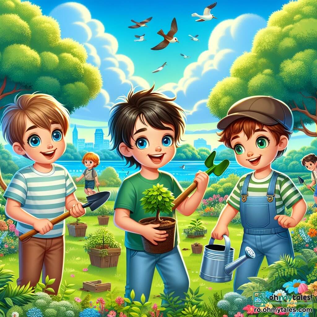 Trei băieți, Alex, Mihai și Radu, stau în centrul unui parc verde. Alex, un băiat de 10 ani cu părul brun și ochelari, zâmbește ținând o mică lopată, pregătit să planteze un copac. La dreapta sa, Mihai, un alt băiat de 10 ani cu părul blond și ochi strălucitori, privește cu entuziasm un plan de plantare. La stânga, Radu, un băiat de 9 ani cu părul castaniu și o șapcă, udă o plantă tânără cu o udată, concentrat pe sarcina sa. Parcul este plin de verdeață, cu copaci măreți și flori colorate care dansează în bătaia vântului. În fundal, un cer albastru strălucitor este presărat cu nori albi pufoși, în timp ce păsările zboară fericite. Băieții lucrează împreună pentru a planta copaci tineri, simbolizând angajamentul lor de a proteja mediul și de a lupta împotriva schimbărilor climatice. Sunt înconjurați de râsetele altor copii care se joacă, creând o atmosferă veselă și plină de speranță.