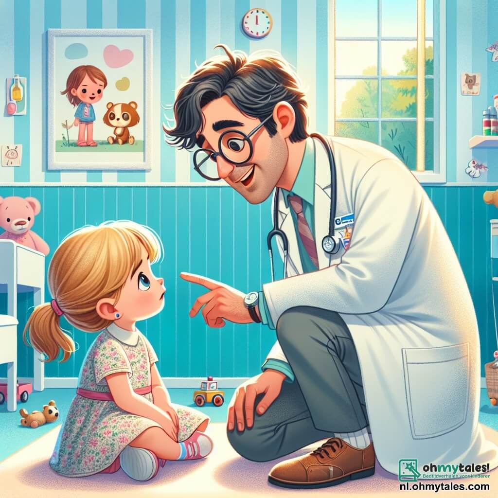 Een mannelijke arts, Dr. Sam, glimlachend en vriendelijk, draagt een grote witte labjas die hem iets te groot lijkt, met een stethoscoop om zijn nek. Hij heeft rommelig bruin haar en ronde brillen die hem een vriendelijke uitstraling geven. Hij zit naast een klein meisje, Lila, ongeveer 7 jaar oud, met blond haar en blauwe ogen, in een bloemenjurk. Ze heeft een uitdrukking van opluchting op haar gezicht terwijl ze Dr. Sam met bewondering aankijkt. De setting speelt zich af in een kleurrijke ziekenhuiskamer, met lichtblauwe muren en vrolijke dieren tekeningen aan de muren. Speelgoed ligt verspreid over de vloer en een groot raam laat zonlicht binnen, waardoor de kamer verlicht wordt. De belangrijkste situatie toont Dr. Sam die Lila geruststelt, die zich niet goed voelde door buikpijn. Hij spreekt zachtjes met haar en vraagt wat ze zou willen eten om zich beter te voelen, terwijl een verpleegster op de achtergrond staat, glimlachend en klaar om te helpen.