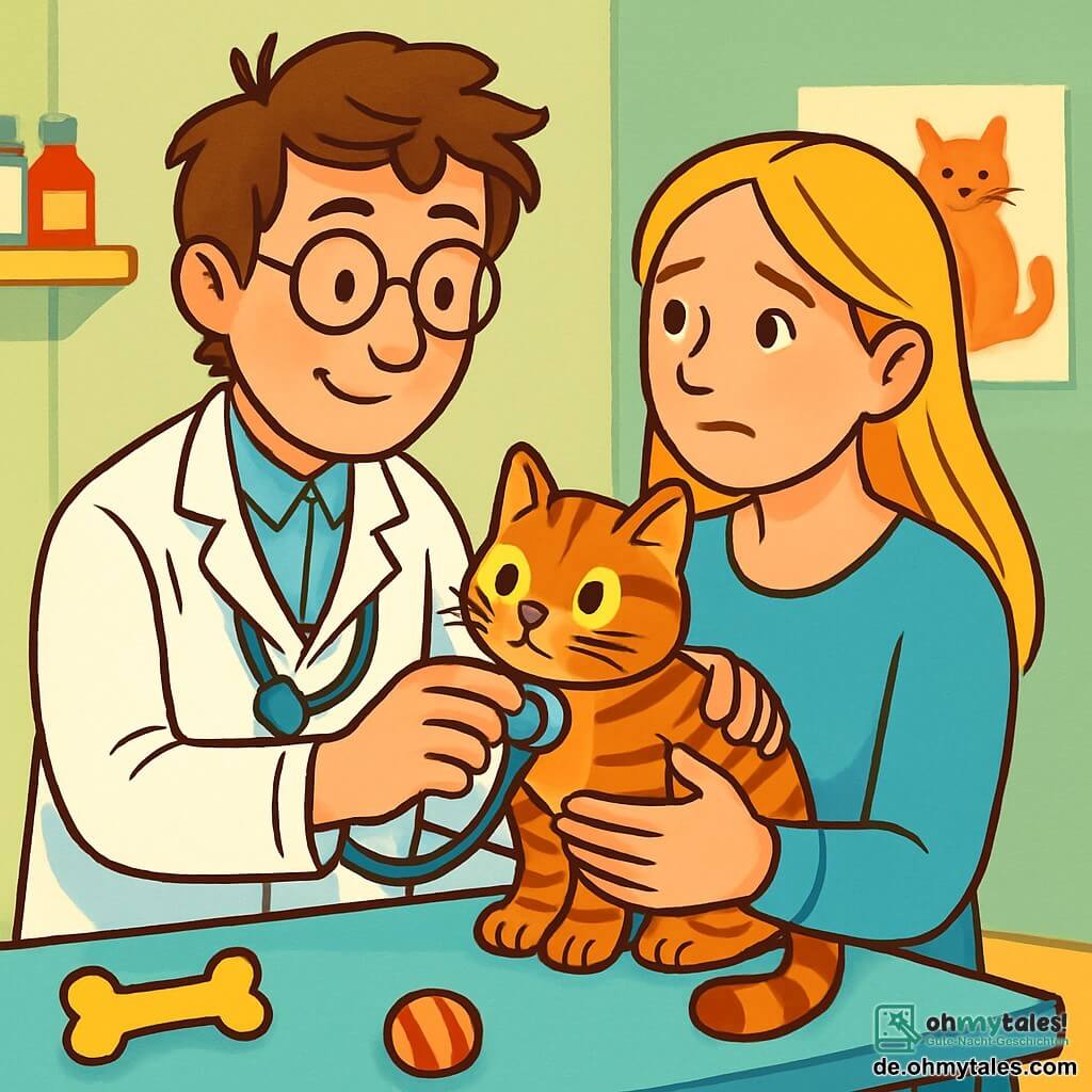 Ein männlicher Tierarzt, Dr. Lukas, lächelnd und freundlich, mit zerzausten braunen Haaren und runden Brillen, untersucht eine kleine getigerte Katze namens Mimmi. Er trägt einen weißen Kittel und ein Stethoskop um den Hals, sein Gesichtsausdruck ist konzentriert und sanft. Neben ihm hält eine etwa dreißigjährige Frau, besorgt aber voller Hoffnung, Mimmi in ihren Armen. Sie hat lange blonde Haare und trägt einen hellblauen Pullover. Sie schaut Dr. Lukas mit erwartungsvollen Augen an. Die Szene spielt sich in einer hellen und einladenden Tierklinik ab, mit pastellgrünen Wänden, bunten Tierpostern an den Wänden und Tier-Spielzeugen, die auf dem Boden verteilt sind. Dr. Lukas untersucht aufmerksam Mimmi, die ein wenig nervös, aber neugierig wirkt, während die Kinder der Klasse, fasziniert, die Szene aus einer Ecke des Raumes beobachten und gespannt darauf sind, zu lernen, wie man Tieren hilft.