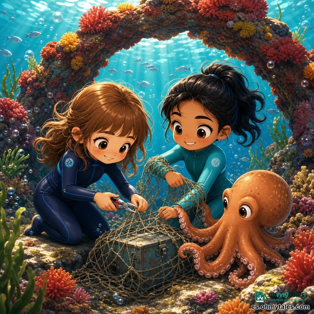 Tres personajes: Nora, 12 años, cabello castaño claro con flequillo y pecas, con un pequeño traje de buceo azul marino, arrodillada a la izquierda sobre una piedra bajo el agua, usando un corta-corda para liberar una malla del archivo; Inés, 12 años, cabello negro en coleta, sonrisa traviesa, traje turquesa, a la derecha enrollando la red alrededor de su antebrazo; un pulpo curioso color caramelo con ventosas frente a una pequeña caja metálica tocando suavemente la cuerda. Lugar: arrecife submarino luminoso con un arco de coral rojo y naranja, rocas con anémonas rojas y amarillas, algas verdes ondulantes, cardúmenes plateados y rayos de sol azul verdosos filtrados, burbujas ascendentes. Situación: escena de acción suave y cálida donde las niñas liberan una caja atrapada por una red antigua mientras el pulpo participa, colores vivos, rasgos redondeados y expresiones alegres, composición centrada en el arco y la caja.