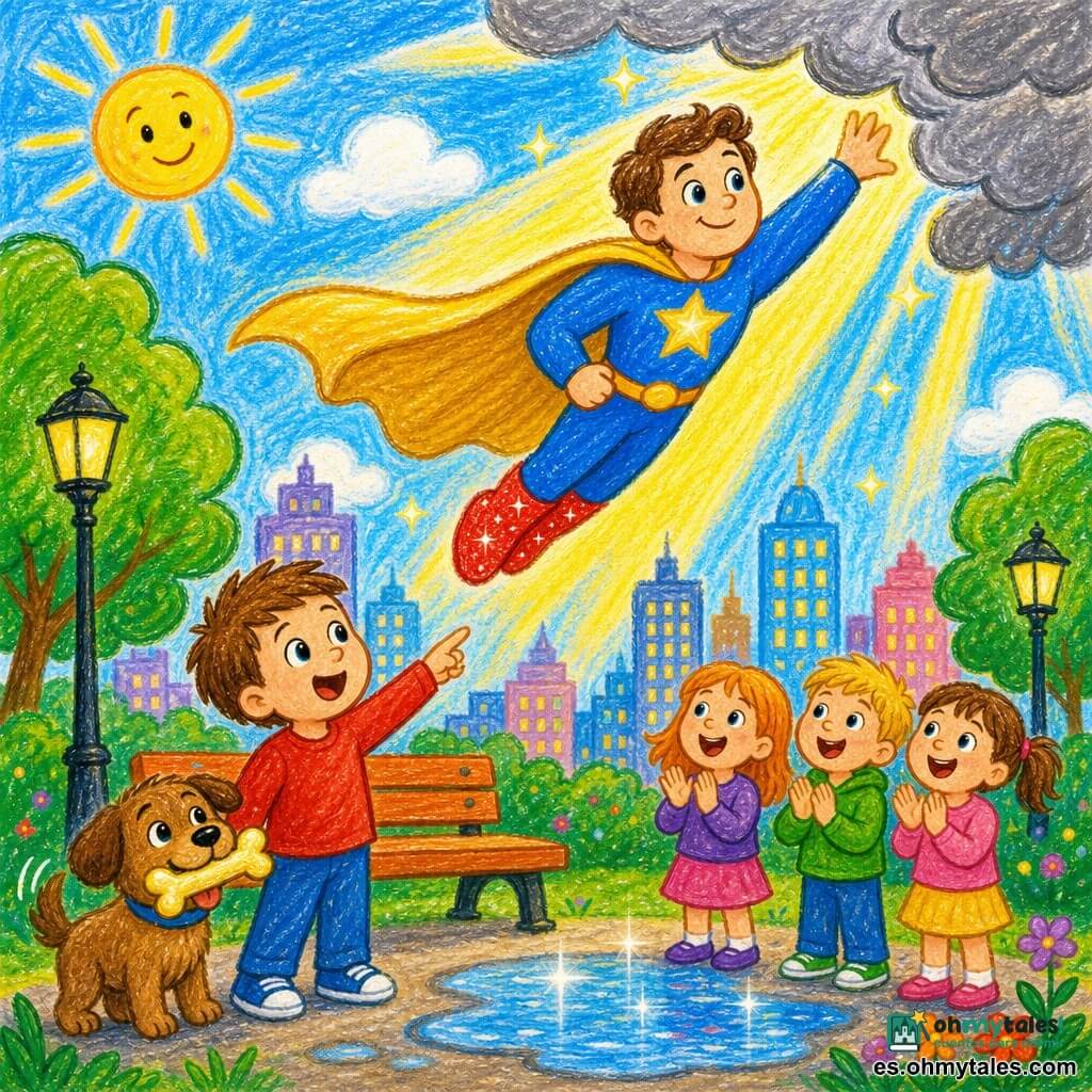 Héroe sonriente y seguro con capa dorada al viento, botas rojas brillantes y traje azul, levantando la mano para dispersar nubes grises y hacer brillar el cielo; un niño de unos 6 años, pelo castaño corto y rostro asombrado, señala el cielo junto a un banco del parque; solo hay un perrito marrón a la izquierda del niño que mueve la cola y sostiene un pequeño hueso brillante; parque urbano colorido con árboles verdes de contorno grueso, bancos de madera naranja, farolas amarillas y edificios altos al fondo; rayos dorados iluminan el cielo y el parque, los niños aplauden y el agua de un charco se vuelve clara y brillante; estilo de trazos simples y redondeados, colores vivos y saturados, texturas de lápiz visibles, contornos gruesos, composición alegre y legible para un niño de 2 años.