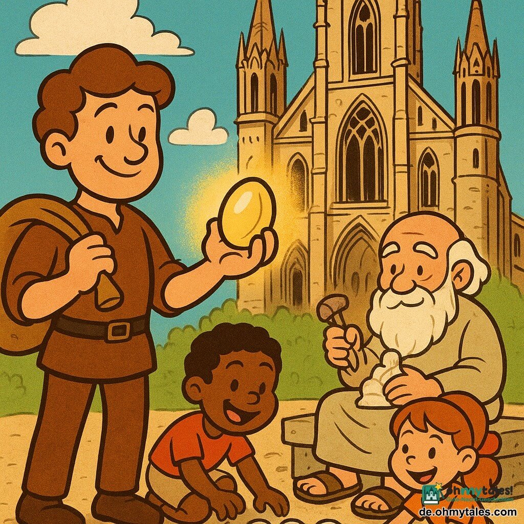 Ein Mann namens Elias, mit einem ruhigen Gesichtsausdruck und braunen lockigen Haaren, hält eine große Tasche und einen kleinen Hammer, während er sanft lächelt. Er steht vor einer majestätischen gotischen Kathedrale, deren Türme hoch in den Himmel ragen. Neben ihm sitzt ein alter Meister mit silbernem Bart auf einer Steinbank und schnitzt eine kleine Marmorfigur, seine Augen voller Weisheit. Lachende Kinder, ein Junge und ein Mädchen von etwa 8 Jahren, spielen um ihn herum, sammeln bunte Steine und legen sie in einen Kreis auf den Boden. Der Himmel ist strahlend blau, durchsetzt mit ein paar weißen, bauschigen Wolken. Die Hauptszene zeigt Elias, wie er einen großen und geheimnisvollen "singenden" Stein in eine Nische der Kathedrale setzt, während ein sanftes goldenes Licht von dem Stein ausgeht und die erstaunten Gesichter der Kinder und des Meisters erleuchtet.