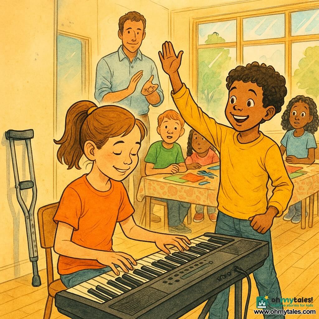 10-year-old Emily, focused and beaming with light brown ponytail, hands on an electric keyboard and crutches leaning against the left wall; 10-year-old Jake with curly hair stands to her right, smiling and raising a hand to congratulate her; Mr. Thomas, about 40, in a light rolled-up shirt stands at the back applauding; three children (two girls, one boy, ~9–11) sit around a table in the back with wide eyes, colored papers and scissors, watching Emily; the sunlit community center room has large windows, light wood floors, activity posters, a patterned tablecloth and supply boxes; Emily plays a simple joyful melody while everyone listens supportively, conveying warmth, inclusion and shared pride.