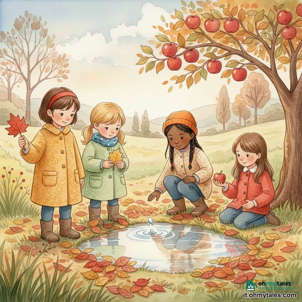 Ci sono quattro bambine: una di 5 anni con capelli castani corti e cerchietto rosso, cappotto giallo senape, tiene una grande foglia rossa nella mano destra e sta a sinistra; una di 4 anni con capelli biondi a codini, sciarpina a pois blu e cappotto verde chiaro, tiene una foglia gialla al centro-sinistra guardandola; una di 6 anni con capelli neri intrecciati, berretto arancione e giacca di lana beige, è accovacciata al centro-destra e tocca con un piede una pozzanghera; una di 5 anni con capelli castano chiaro sciolti, giacchetta rossa con bottoni, seduta sull’erba a destra e tiene una mela rossa che condivide. Luogo: giardino d’autunno con foglie rosse, gialle e brune sul terreno, erba umida, un grande melo a destra con mele pendenti, una piccola pozzanghera che riflette il cielo e alberi sottili sullo sfondo, luce soffusa del tardo pomeriggio. Situazione: le quattro giocano insieme raccolgono foglie e osservano la pozzanghera; atmosfera calda e tranquilla, abiti con texture e colori caldi, composizione centrata sulla pozzanghera e sulle mani che tengono foglie e mela.