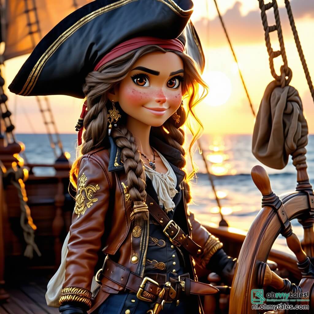 Kira, de moedige piratenkapitein, is een vrouw met een vastberaden blik, lange golvende haren en een leren jas versierd met gouden borduursels. Ze staat trots op het dek van haar schip, De Zeemeeuw, houdt stevig het roer vast, haar gezicht verlicht door de ondergang van de zon, wat zowel moed als opwinding toont. Naast haar staat Sidar, haar eerste man, een man van ongeveer 30 jaar met een goed verzorgde baard en een rode bandana op zijn hoofd. Hij past de zeilen aan met intense concentratie, klaar om de uitdagingen aan te gaan die hen te wachten staan. Verderop observeert Maika, een 12-jarig meisje met krullend haar en sprankelende ogen, verwonderd de golven, terwijl ze een klein piratenvlaggetje vasthoudt. De scène speelt zich af op het dek van het schip, met witte zeilen die door de wind worden gevuld, en de uitgestrektheid van de oceaan die zich tot aan de horizon uitstrekt, waar de golven glinsteren onder de ondergang van de zon. Op de achtergrond tekenen mysterieuze eilanden zich af aan de horizon, die avonturen beloven. Kira en haar bemanning bereiden zich voor om naar een nieuwe horizon te zeilen, vol hoop en anticipatie, terwijl ze zich klaarmaken om verborgen schatten en mysteries in de diepten van de zee te ontdekken.
