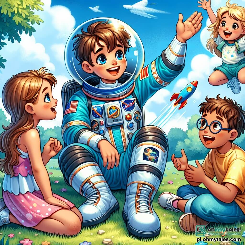 Młody astronauta, Jacek, chłopiec w wieku około 10 lat, nosi jasnoniebieski skafander kosmiczny ozdobiony dużą naszywką rakiety. Ma rozczochrane brązowe włosy i szeroki uśmiech na twarzy, pokazując swoje entuzjazm, gdy opowiada o swoich przygodach w kosmosie. Obok niego stoi Zosia, 8-letnia dziewczynka z długimi blond włosami i błyszczącymi oczami, trzymająca małą plastikową rakietę i uważnie słuchająca, zachwycona opowieściami Jacka. Antek, 9-letni chłopiec z kasztanowymi włosami i okularami, skacze z radości, z uniesionymi rękami, marząc o zostaniu astronautą. Scena rozgrywa się w słonecznym parku, z bujnymi zielonymi drzewami i jasnoniebieskim niebem usianym kilkoma białymi chmurami. Dzieci siedzą na trawie, otoczone zabawkami i grami, tworząc radosną i zabawną atmosferę. Główna sytuacja pokazuje Jacka dzielącego się swoimi fascynującymi doświadczeniami z podróży w kosmosie z Zosią i Antkiem, którzy są zafascynowani jego opowieściami o zerowej grawitacji i odległych planetach, ilustrując znaczenie marzenia o wielkich rzeczach i odkrywania nieznanego.