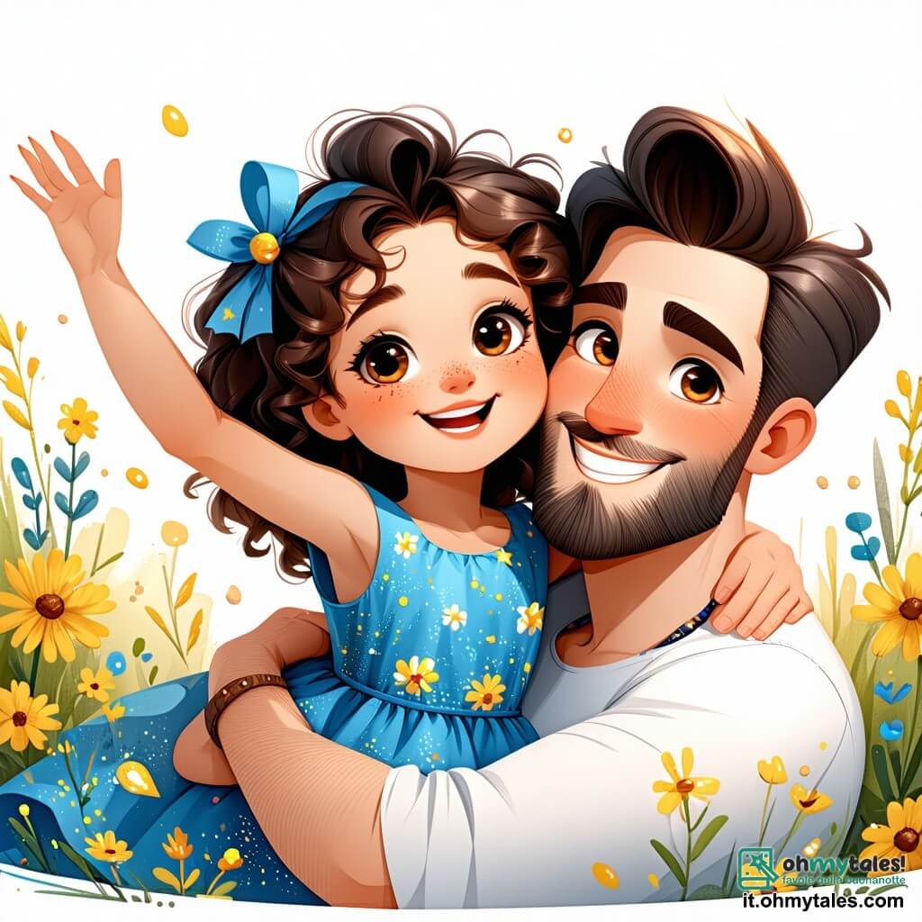 Una bambina di 7 anni, Sofia, con capelli ricci e occhi brillanti, è al centro dell'immagine. Indossa un bel vestito blu con fiori gialli e sorride felicemente, con le braccia alzate in segno di celebrazione. Accanto a lei, suo padre, un uomo di circa trent'anni, con una barba morbida e occhi calorosi, la abbraccia teneramente, mostrando un sorriso orgoglioso e felice. Nel giardino colorato, si vede Milla, un coniglietto bianco, che salta gioiosamente vicino a loro, e Pino, un pinguino carino, che tiene una bevanda fresca tra le piccole zampe. Il giardino è pieno di fiori vivaci, palloncini colorati che fluttuano nell'aria e un grande tavolo decorato con torte e caramelle, creando un'atmosfera festosa e gioiosa. La scena rappresenta la festa del papà, dove Sofia e suo padre sono circondati dai loro amici, celebrando insieme con risate e giochi, in un momento di felicità condivisa.