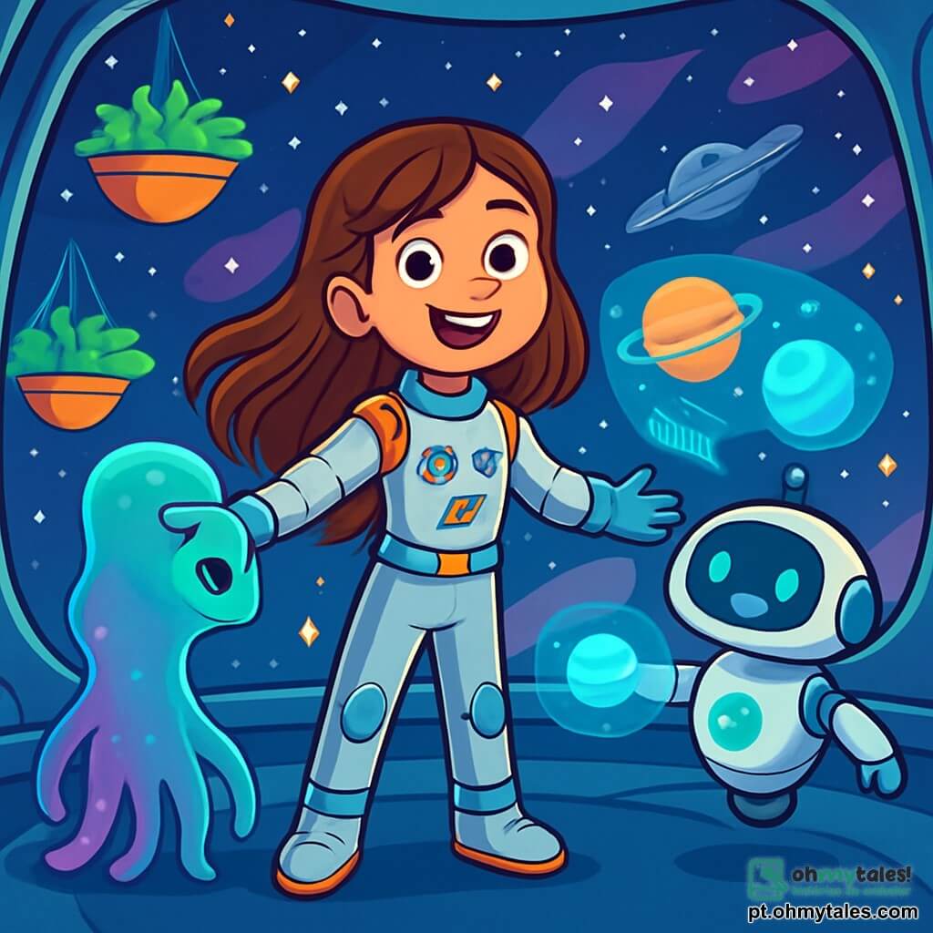 Uma menina de 12 anos, com longos cabelos castanhos e olhos brilhantes de curiosidade, está no centro de uma estação espacial intergaláctica. Ela usa um traje espacial prateado adornado com padrões coloridos e exibe um sorriso maravilhado, com os braços abertos como se estivesse acolhendo o universo. À sua direita, um robô amigável chamado Vex flutua levemente acima do chão, emitindo bipes alegres enquanto projeta hologramas de planetas distantes. À sua esquerda, uma criatura extraterrestre chamada Zhyla, translúcida e mudando de cor, se inclina em sua direção com tentáculos delicados, emitindo uma luz suave e reconfortante. O local é uma sala oval com paredes de vidro transparente, oferecendo uma vista espetacular de um céu estrelado e nebulosas coloridas. Jardins suspensos com plantas luminosas flutuam ao redor da estação, enquanto naves espaciais passam lentamente do lado de fora. A cena mostra Lara, maravilhada, descobrindo uma tecnologia extraterrestre fascinante, cercada por seus novos amigos, enquanto colaboram para resolver um desafio científico juntos, criando uma atmosfera de exploração e amizade intergaláctica.