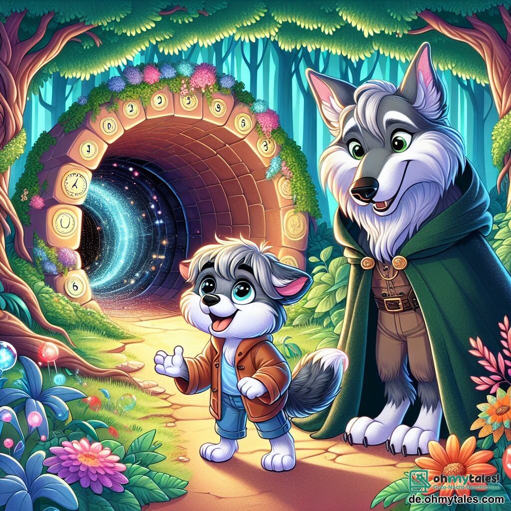 Der kleine Wolf Lupo, mit seinem grauen Fell und den leuchtenden Augen vor Aufregung, steht vor dem Eingang eines geheimnisvollen Tunnels, sein Herz schlägt schnell. Neugierig schaut er auf den dunklen Tunnel, der in einem magischen Licht zu funkeln scheint. Neben ihm lächelt ein weiser Wolf mit silbernem Fell und gutmütigem Gesicht, gekleidet in einen alten Mantel, stolz und bereit, Lupo auf seinem Abenteuer zu führen. Der Ort ist ein verzauberter Wald mit majestätischen Bäumen, smaragdgrünen Blättern, bunten Blumen, die im Wind tanzen, und Sonnenstrahlen, die durch das Laub filtern und eine märchenhafte Atmosphäre schaffen. Die Hauptsituation zeigt Lupo, voller Begeisterung, bereit, in den Tunnel einzutreten, der ihn auf eine Zeitreise führen wird, während der weise Wolf ihn mit einem warmen Blick ermutigt und außergewöhnliche Abenteuer verspricht.