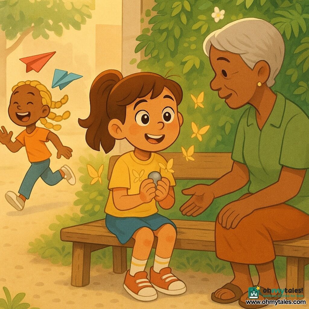An 8-year-old girl, Maya, with a bright face, big shining eyes, pink cheeks and mid-length brown hair in a ponytail, sits on a worn wooden bench holding a small smooth gray stone while translucent golden origami-like butterflies float gently around her chest; a female teacher of about 40–50 with short light gray hair, a gentle smile, wearing a green smock and sandals, stands slightly behind and to the right reaching toward Maya as if having just given the stone; a laughing 8-year-old friend with blonde braids runs past in the left background holding colorful paper airplanes, motion-blurred; the quiet schoolyard corner features a living wall of ferns, small white flowers and glossy green leaves, soft morning light filtering through and fine gravel underfoot; the moment is a calm chosen amid bustle—Maya clasps the stone and breathes as golden butterflies settle, the teacher supports her and the friend passes by; warm soft palette (tender greens, pale yellows, brown wood), rounded expressive lines, soothing hopeful atmosphere.
