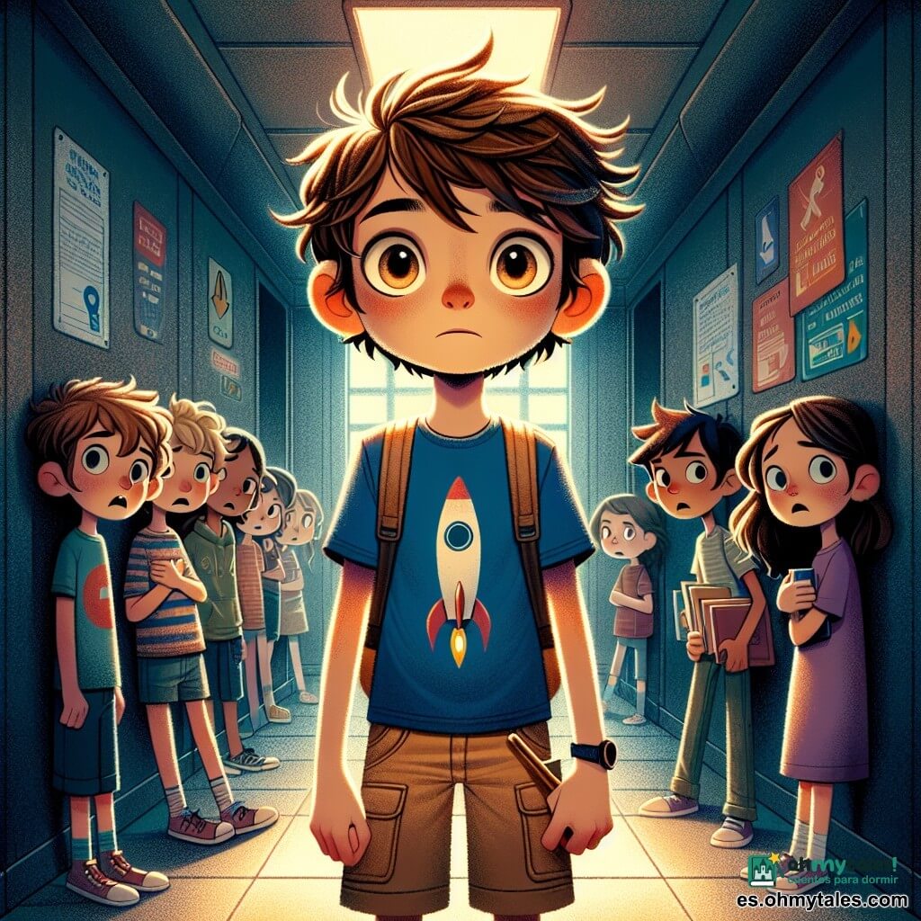 Un niño de 12 años, Nico, con cabello castaño desordenado y ojos brillantes de curiosidad, se encuentra en un pasillo estrecho y oscuro, su rostro marcado por una ligera inquietud pero también por una valiente determinación. Lleva una camiseta azul con un diseño de cohete y pantalones cortos beige, sosteniendo una pequeña caña de pescar de madera, símbolo de su sueño de aventura. A su lado, su compañera Lía, una niña de 11 años con cabello largo y rubio, con una expresión de miedo mezclada con confianza, lo mira con admiración, abrazando un libro contra su pecho. El pasillo está débilmente iluminado, con paredes grises y carteles coloridos sobre seguridad, creando una atmósfera inquietante pero protectora. En el fondo, otros niños, sentados contra las paredes, muestran rostros de preocupación pero también de solidaridad, formando un grupo unido. La situación principal muestra a Nico animando a Lía y a los demás niños a respirar profundamente, enseñándoles cómo mantenerse tranquilos mientras suena la sirena afuera, simbolizando el miedo a la guerra pero también la esperanza de una paz futura.