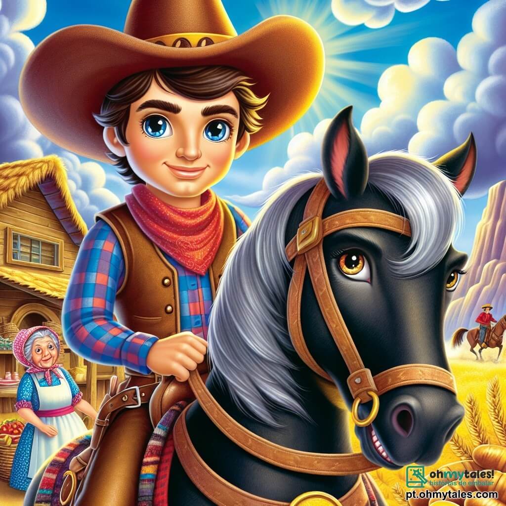Um cowboy, um homem com um grande chapéu de feltro marrom, com um sorriso corajoso e olhos brilhantes, monta seu cavalo preto chamado Relâmpago. Ele usa uma camisa xadrez vermelha e azul, um colete de couro e botas de couro desgastadas. Ao seu lado, uma mulher idosa, Dona Zilda, a padeiro, com cabelos grisalhos em um coque e um avental florido, sorri fazendo um gesto de encorajamento. Ela está perto da porta de sua padaria, cercada por deliciosos pães dourados. O cenário é uma paisagem de pradaria dourada, com montanhas majestosas ao fundo e um céu azul brilhante. A situação principal mostra Tonico pronto para se aventurar no Desfiladeiro dos Bandidos, com uma expressão determinada no rosto, enquanto nuvens escuras se acumulam ao longe, anunciando a aventura que o espera.