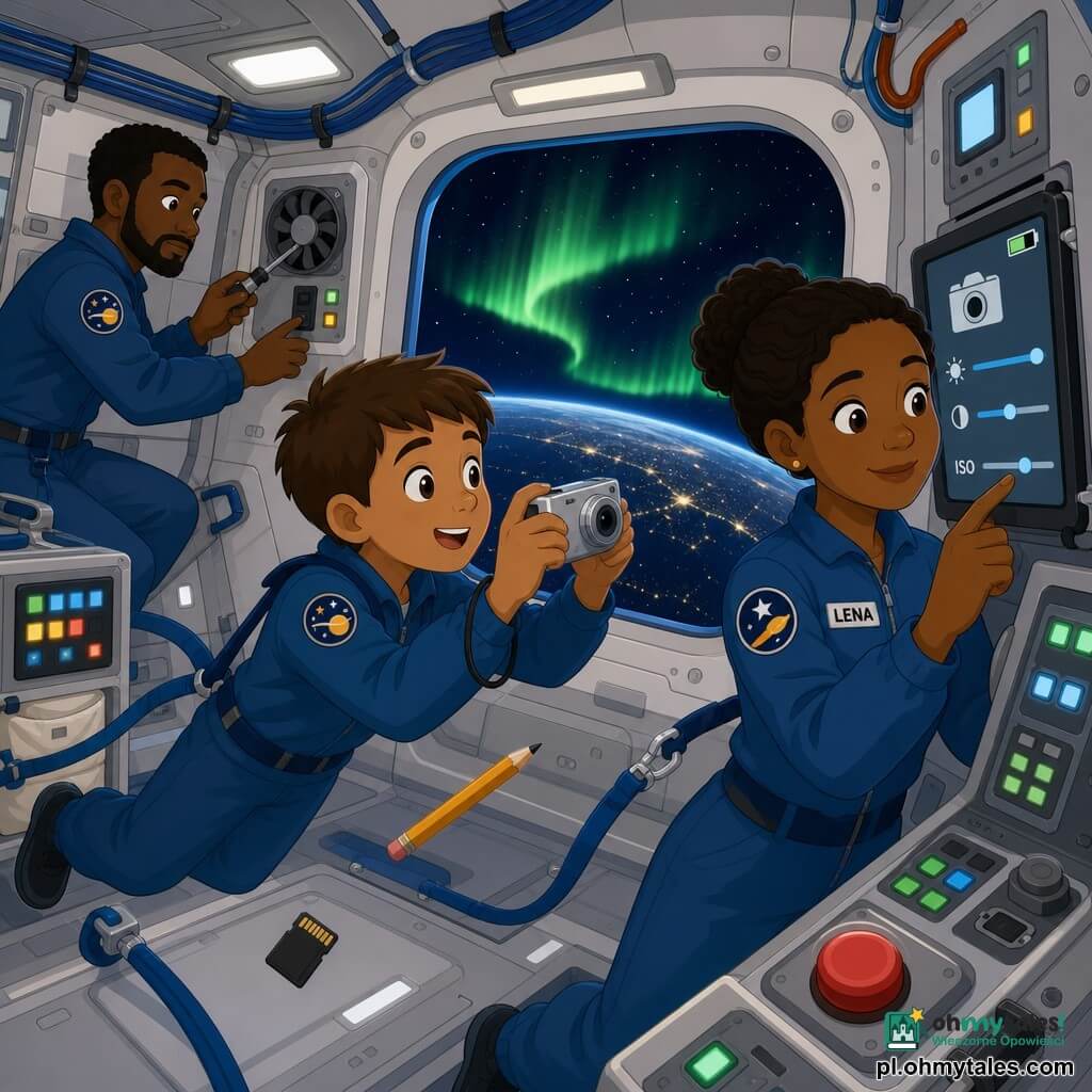 Młody chłopiec-astronauta, okrągła twarz, zdumione oczy, krótkie brązowe włosy, uśmiechnięty i skupiony, lekko unoszący się przypięty pasami, trzyma srebrny prostokątny aparat i robi serię zdjęć Ziemi przez dużą owalną szybę; po jego prawej stoi Lena (ok. 35 lat), włosy w kok, łagodny wyraz twarzy, wskazująca ustawienia na ekranie dotykowym przy panelu sterowania; po lewej, nieco w tle, Iwan (ok. 40 lat) z lekką brodą, poważny i spokojny, trzyma małe narzędzie i chwilowo odcina zasilanie wentylatora w pobliskim module. Wnętrze kompaktowej stacji kosmicznej: jasnoszare metalowe ściany, panele z kolorowymi przyciskami i etykietami, unoszące się drobne przedmioty (np. karta pamięci), duże okno z nocnym widokiem Ziemi, miastami w świetle i zieloną zorzę; zespół pracuje razem nad wykonywaniem i przesyłaniem zdjęć naukowych, przy miękkim świetle ekranów, przymocowanych kablach, widocznym, nie wciśniętym małym czerwonym przycisku i spokojnej, skupionej atmosferze.