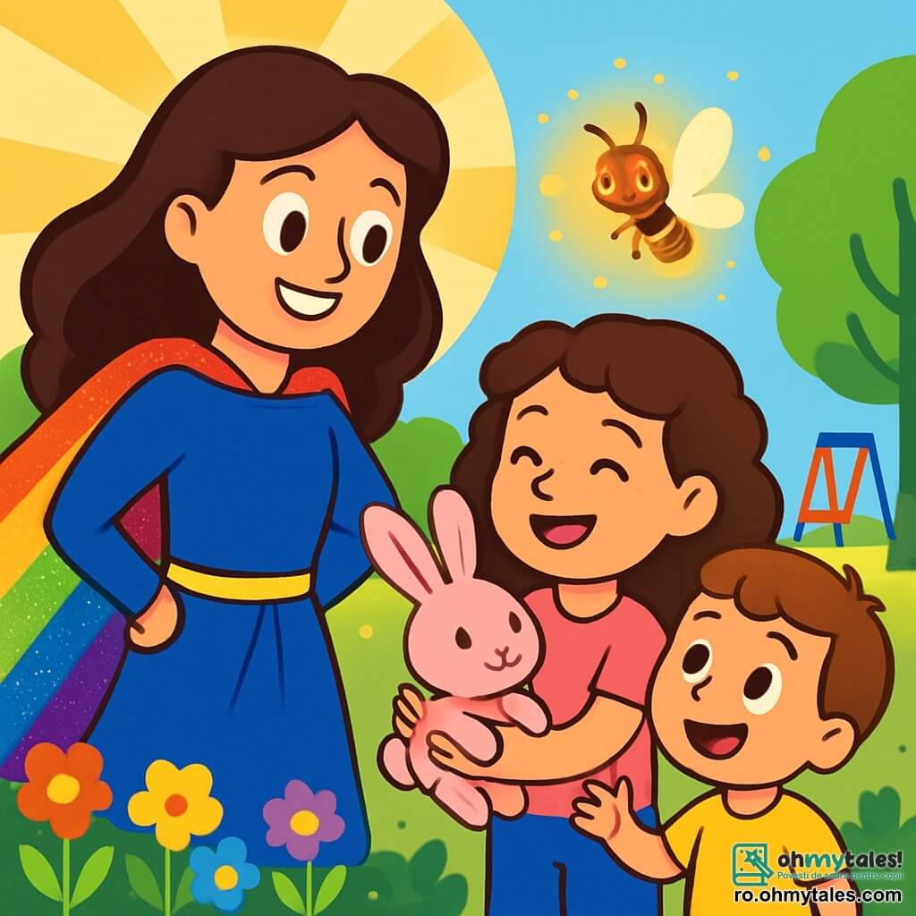 Super-Lina, o femeie eroică cu ochi strălucitori și un zâmbet cald, poartă o mantie sclipitoare de culoare curcubeu. Ea stă într-un parc însorit, înconjurată de flori colorate, și se uită cu bucurie la un băiețel. Mara, o fetiță de 7 ani cu părul creț și un tricou roz, este lângă Super-Lina, ținând în brațe un adorabil iepuraș roz, cu fața strălucind de fericire. Licuriciul-Luminiță, un mic licurici cu aripi luminoase, zboară în jurul lor, emanând o lumină aurie blândă. Locul este un parc vibrant, plin de flori strălucitoare, copaci verzi și râsete de copii care se joacă. În fundal, un tobogan colorat și o leagăn adaugă la atmosfera veselă. Situația principală arată cum Super-Lina și Mara sărbătoresc reîntâlnirea cu iepurașul roz, înconjurate de o lumină caldă și o atmosferă festivă, simbolizând prietenia și ajutorul reciproc.