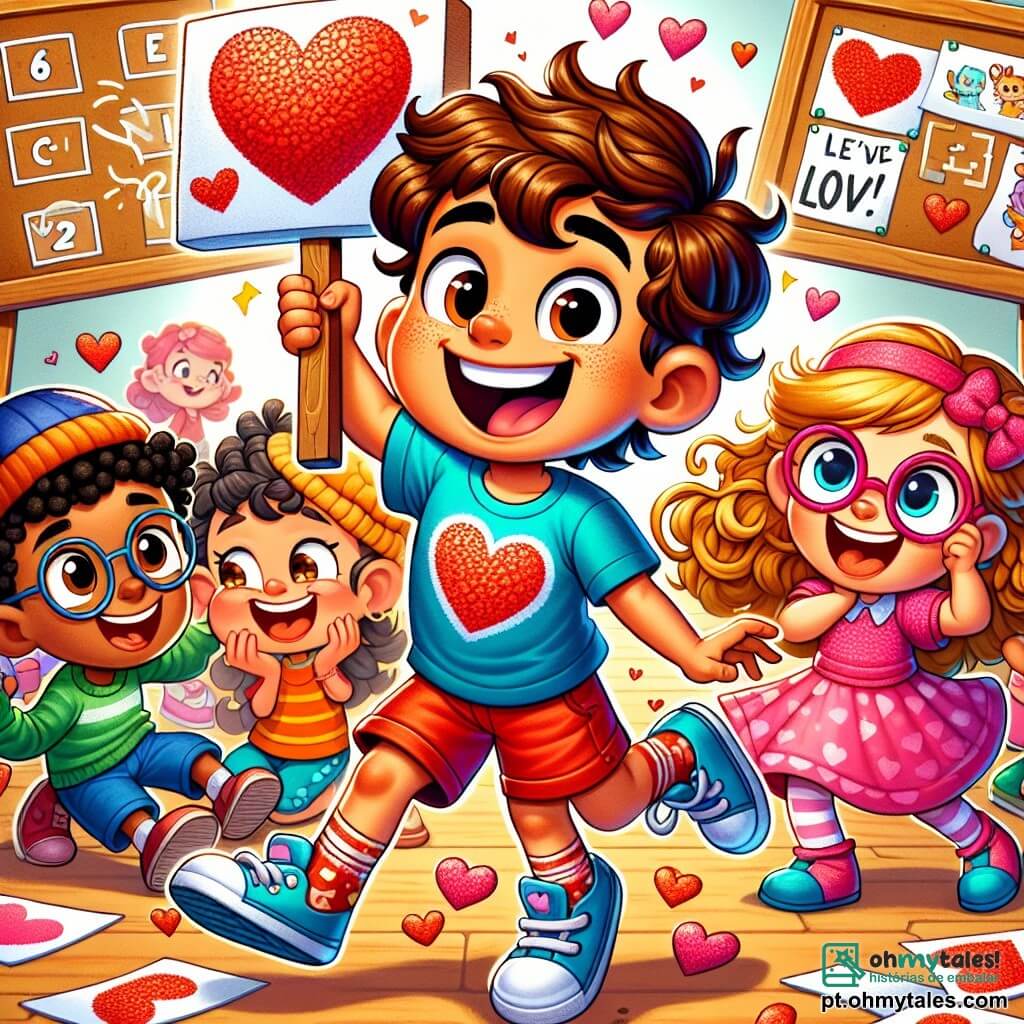 Um menino de 8 anos, Leo, com cabelos castanhos bagunçados e um grande sorriso, está no centro da imagem, segurando um grande painel decorado com corações de papel. Ele veste uma camiseta azul e um short vermelho, e seus olhos brilham de excitação enquanto olha para seus amigos. Ao lado dele, sua irmã Mila, uma menina de 6 anos com cabelos loiros trançados e um vestido rosa, levanta os braços no ar, pulando de alegria. Ela segura um pequeno coração de papel que acabou de decorar. Ao fundo, Clara, uma menina de 8 anos com óculos redondos e cabelos cacheados, está lendo uma charada em um painel de madeira, enquanto Pedro, um menino de 8 anos com um chapéu engraçado, dança de forma cômica, provocando risadas em Lucas, um menino de 8 anos com cabelos castanhos e um sorriso travesso, que segura um cupcake em forma de coração. O local é um parque ensolarado, cheio de árvores verdes e flores coloridas, com um grande tapete de piquenique xadrez vermelho e branco no chão, cercado por corações de papel pendurados nos galhos das árvores. A cena principal mostra Leo e seus amigos em uma caça ao tesouro, rindo e se divertindo juntos, com pistas e decorações de Dia dos Namorados espalhadas ao redor, criando uma atmosfera alegre e festiva.