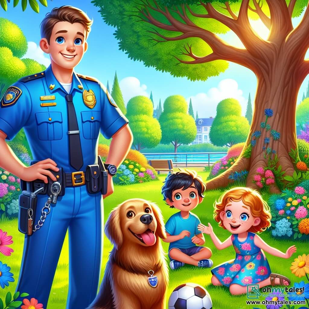 A male police officer named Officer Ben stands with a broad smile on his face, his eyes sparkling with curiosity. He wears a bright blue uniform, equipped with various tools on his belt, and a shiny badge reflecting the sunlight. Next to him is an 8-year-old girl, Emily, with curly hair and bright blue eyes, watching in awe the soccer ball held by a dog. She is dressed in a colorful floral dress and sandals. A 7-year-old boy, Tommy, with freckles and a big smile, is crouched near the dog, a golden retriever with golden fur, who seems happy and a bit guilty. The scene takes place in a lush park filled with majestic trees, colorful flowers, and a large oak tree at the center, where the children have been playing. The sky is blue with fluffy white clouds, and the sun shines, creating a joyful and welcoming atmosphere. The main situation shows Officer Ben and the children discovering the soccer ball that the dog retrieved, with expressions of joy and excitement on their faces, celebrating the resolution of their little investigation.