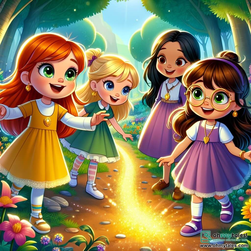 In a sunny clearing of the enchanted forest, five five-year-old girls stand together, ready for adventure. Mia, the leader with brown hair and sparkling eyes, points to a shimmering path. To her right, Lily, with blonde hair and a yellow dress, smiles joyfully. Next to her, Emma, with red hair and round glasses, curiously looks at the map. Zoe, with black hair and a purple dress, holds hands with Ava, who has brown hair and wears a pink dress, both girls displaying excited expressions. The setting is a magical forest, where tall, majestic trees have leaves that shine like emeralds in the sun. Colorful flowers dance in the wind, and a sparkling stream flows nearby, adding a touch of magic to the environment. The main scene shows the girls discovering the bright path leading to the Echo Cave, where they must find the rainbow crystal to save the forest. They are surrounded by light and colors, their faces radiant with enthusiasm and determination.