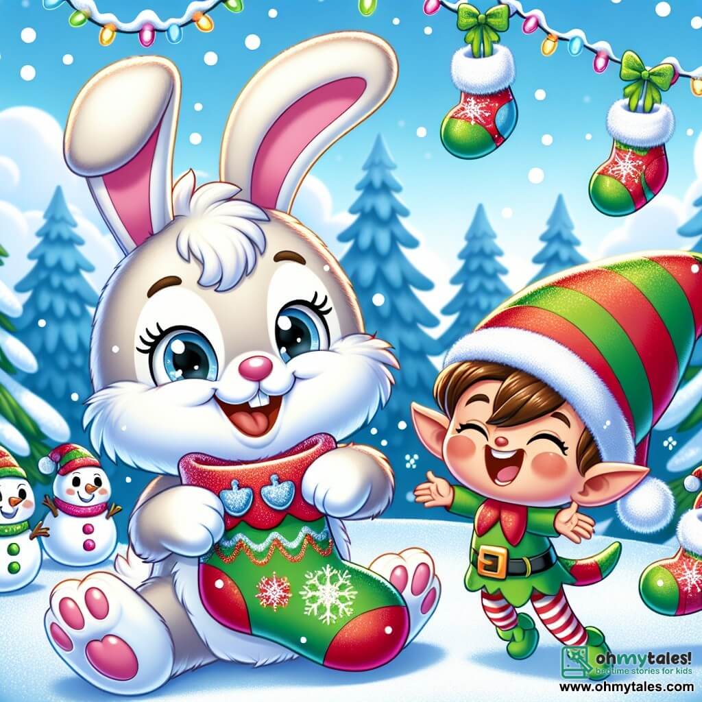 A little rabbit named Benny, with large floppy ears and soft fluffy fur, is laughing joyfully, his eyes sparkling with mischief. He wears red and green socks adorned with jingling bells that sparkle in the light. Next to him, a mischievous elf with a pointed red and green hat, a playful face, and a bright smile jumps with joy, his small hands waving shiny glitter. The setting is a snowy forest, where trees are covered in sparkling snow and decorated with colorful garlands, while snowflakes gently fall from the light blue sky. Benny and the elf are in a clearing, surrounded by funny snowmen and candy garlands, as they joyfully exchange socks, creating a festive and magical atmosphere.