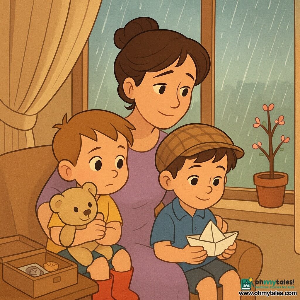 Three people: Sam, about 5, light brown crew-cut hair, wide curious eyes, red rain boots, holding a beige teddy against his cheek, sitting left of a wide window watching raindrops; Luke, about 5, soft brown hair with light freckles, oversized plaid hat and blue shirt, sitting to Sam’s right holding a paper boat; Aunt May, about 35–40, brown hair in a loose bun, wearing a simple lavender dress, seated behind them with arms around the boys, tender but tired. They’re in a cozy modest living room with cream walls, light curtains, a potted cherry tree by the window and a small wooden table with an open keepsake box (photo, button, shell); soft dim light from the rainy outside. The three watch the rain together—the boys clutching objects linked to their grandfather—creating a calm, comforting atmosphere with bright streaks of rain on the glass and soft reflections on the floor and keepsake box.