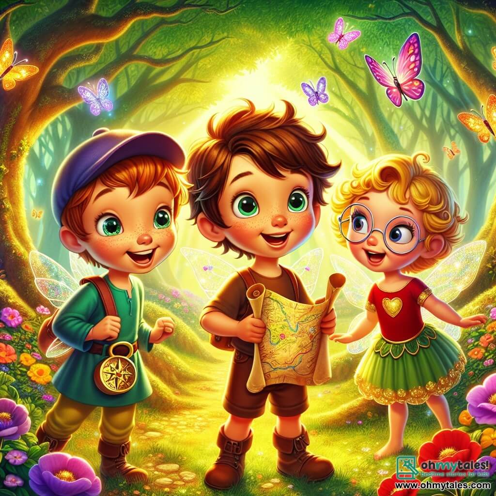 In an enchanted glade in the heart of the Whispering Woods, three five-year-old boys stand together. Timmy, with brown hair and sparkling eyes, smiles enthusiastically while holding a treasure map. Next to him, Benny, with curly hair and a little red cap, curiously watches a glowing fairy. Leo, the third boy, has blonde hair and round glasses, leaning against a tree, amazed by the magic around them. The glade is bathed in golden light, with majestic trees and vibrant green leaves, and colorful flowers swaying in the breeze. Multicolored butterflies flutter around, adding a touch of magic to the atmosphere. In the center, the fairy Lila, with shimmering wings and a dress made of flower petals, smiles at the boys while giving them a special mission. Filled with excitement and courage, the boys prepare to embark on an adventure to find a hidden magical treasure in the forest.