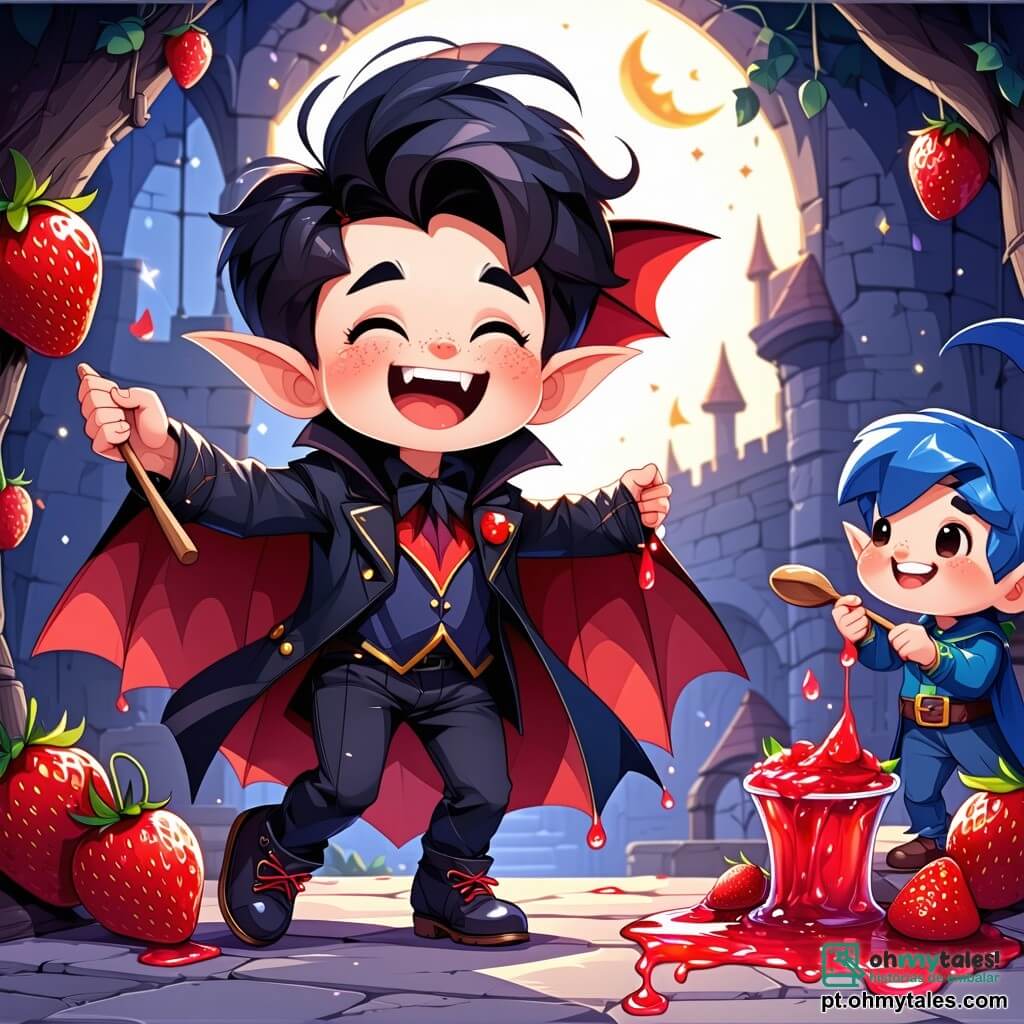 No centro da imagem, um pequeno vampiro chamado Vlad, com cabelos pretos bagunçados, olhos brilhantes de malícia e um grande sorriso mostrando seus dentes afiados, está dançando alegremente. Ele usa um manto preto decorado com padrões coloridos e segura uma colher de madeira, pronto para servir geléia de morango. Ao seu lado, Pipo, um duende de orelhas pontudas e cabelos azuis vivos, com uma expressão de excitação no rosto, pula de alegria segurando uma grande colher de plástico. Ele veste uma calça verde e uma camiseta listrada colorida, parecendo pronto para mergulhar na geléia. Um pouco mais atrás, Lili, uma pequena raposa de olhos travessos, observa com um grande sorriso, sua cauda espessa balançando de um lado para o outro. Ela está sentada em uma pedra de doce, aguardando sua vez para provar a geléia. O cenário é uma imensa sala cheia de geléia de morango cintilante, com paredes de chocolate e um teto de marshmallow, onde flores cantantes flutuam no ar, criando uma atmosfera festiva e mágica. A cena principal mostra Vlad, Pipo e Lili celebrando juntos, cercados por geléia de morango, em um ambiente alegre e colorido, prontos para compartilhar sua deliciosa descoberta com todos os amigos.