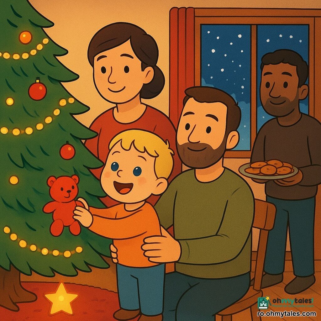 Un băiețel de 2 ani, vesel, păr blond scurt, obraji roz, ochi albaștri, întinde mâinile să agațe o jucărie de pluș roșie la baza bradului; mama (~30 ani), păr brun prins, zâmbet blând, îl ține de talie din spate și îl privește cu tandrețe; tatăl (~32 ani), barbă fină, stă lângă brad zâmbind, mâinile pe spătarul unui scaun; vecinul (~40 ani) aduce o farfurie cu fursecuri lângă ușa întredeschisă; living confortabil cu brad mare decorat cu ghirlande aurii, globulețe roșii și lumini calde, fereastra arată noaptea cu fulgi groși și gheață pe geam, podea din lemn cu covor roșu pufoș, o lumânare falsă de hârtie luminează la baza bradului; atmosferă caldă, culori roșu-verde-aur-crem, contururi rotunjite, compoziție centrată pe copil și expresii clare.