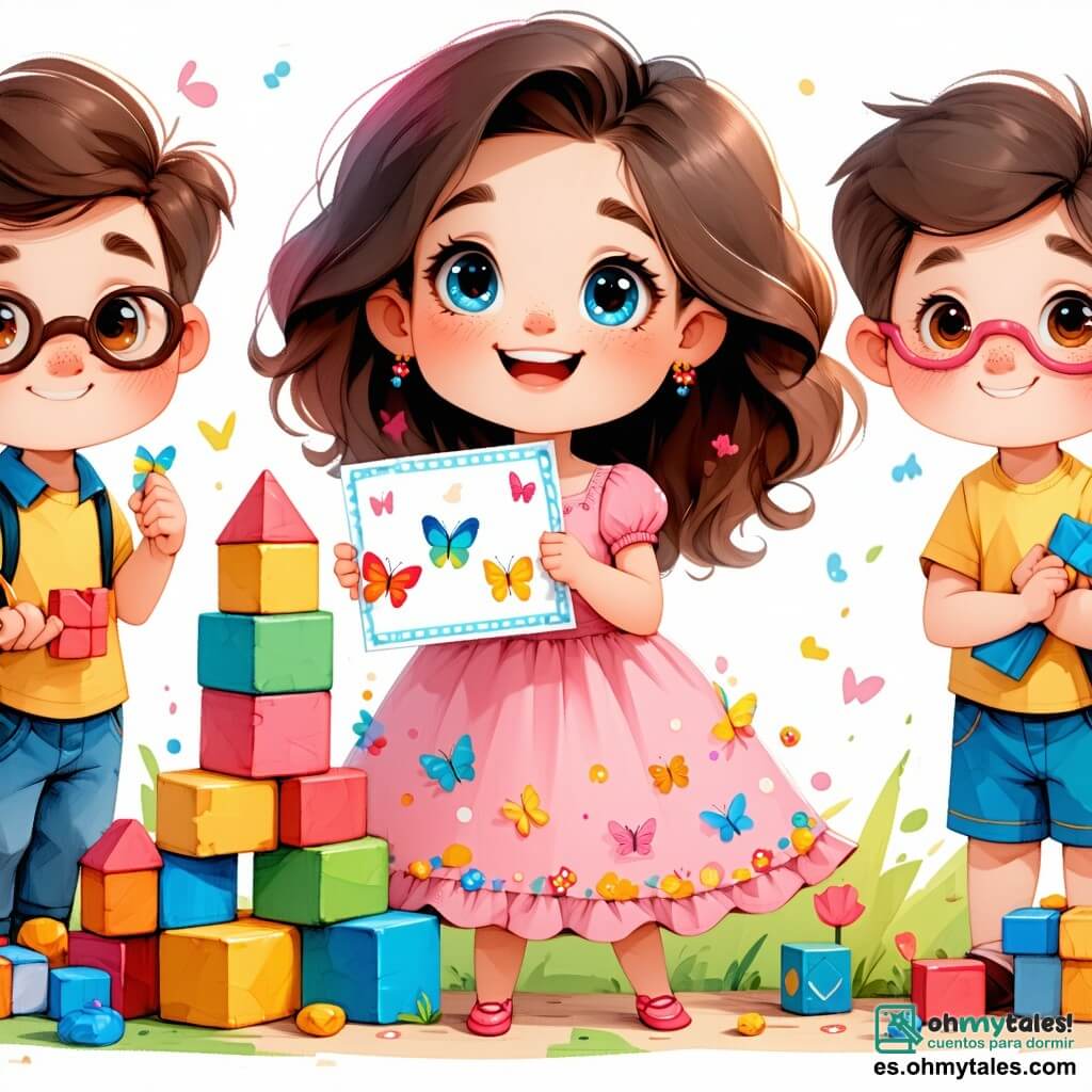 Clara, una niña de 5 años con grandes ojos azules y cabello castaño rizado, lleva un bonito vestido rosa con estampados de mariposas. Sonríe entusiasmada, sosteniendo una tarjeta colorida que representa a su familia, rodeada de sus amigos. Pablo, un niño de 6 años con gafas redondas y cabello castaño, está a su lado construyendo una torre de bloques coloridos, mostrando una gran sonrisa. Sofía, una niña de 5 años con una coleta alta y un vestido de flores, se inclina para dibujar en una hoja de papel, concentrada y alegre. La escena tiene lugar en un aula luminosa, con paredes decoradas con dibujos infantiles y carteles educativos, y ventanas que dejan entrar la luz del sol. Clara y sus amigos comparten un momento de alegría y creatividad, celebrando su amistad mientras aprenden juntos en un ambiente cálido y acogedor.