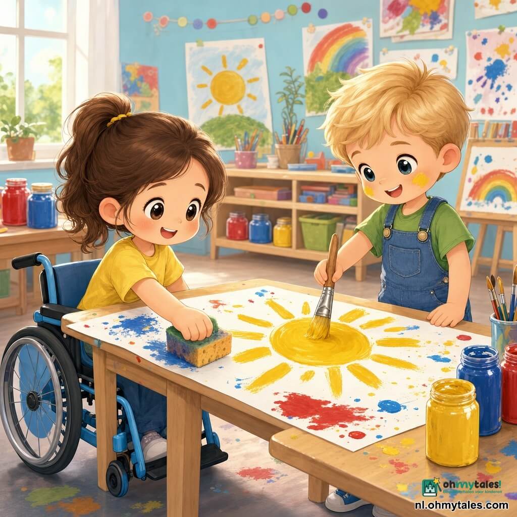 Twee ongeveer vijfjarige kinderen schilderen samen een grote gele zon op een wittevel: een meisje links in een lichtblauwe rolstoel met bruine couettes, glanzende ronde ogen, geel T‑shirt met ster, ze lacht en dept met een spons in verf in de hoek van het vel; een jongetje rechts bij de tafel met kort blond haar, verfvlekken op de wangen, spijkerbroek‑salopet en groen T‑shirt, hij schildert het midden van de zon met een grote kwast. De klas is licht en kleurrijk met pastelblauwe muren, lage planken met potjes rode, blauwe en gele verf en borstels, een lichtehouten tafel met verfspatten, enkele kussens en een raam dat zachte licht binnenlaat; op tafel liggen doeken en een bekertje water. De sfeer is warm, inclusief, speels en geconcentreerd, met dikke verftrekken en vrolijke spatjes rondom.