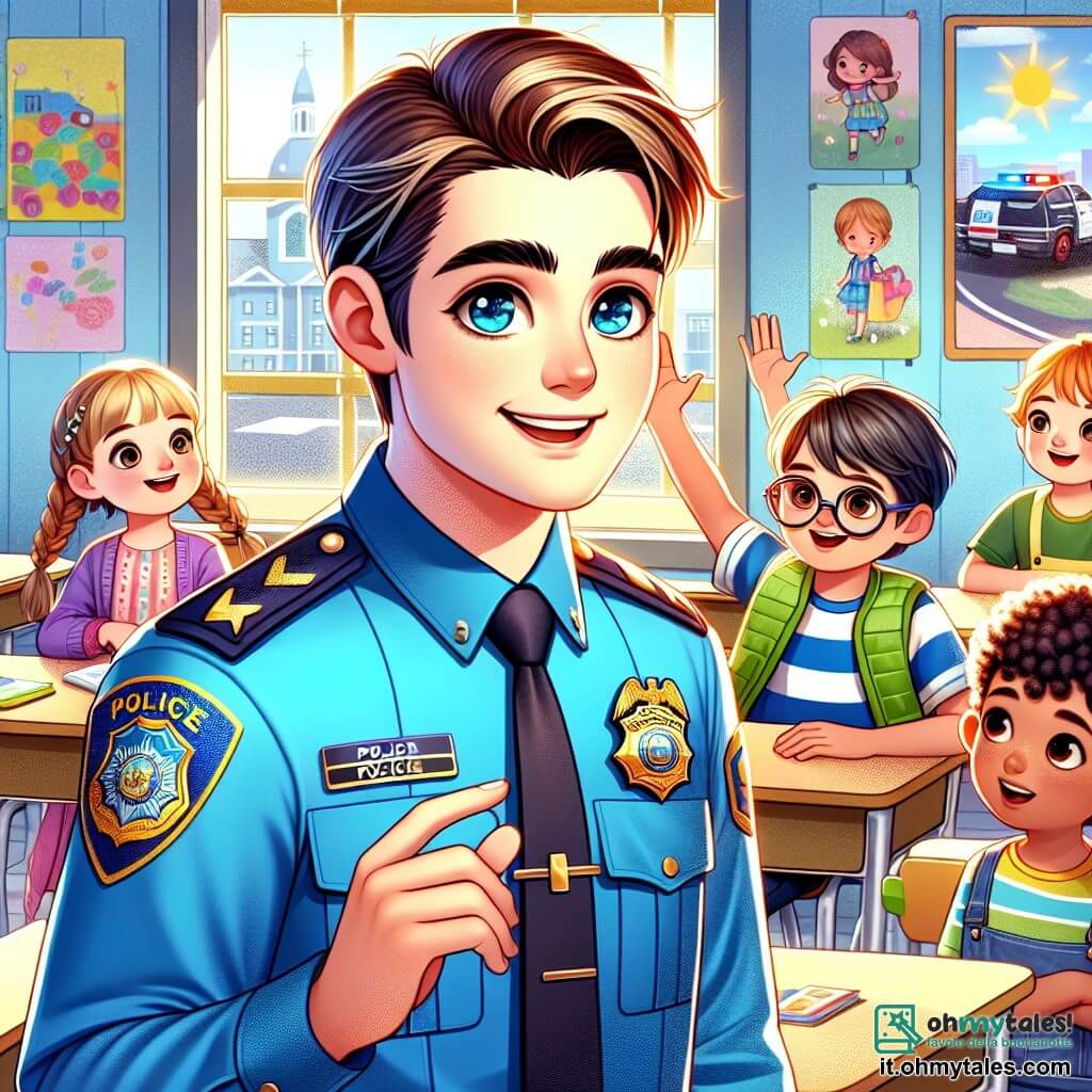 Un giovane poliziotto, Marco, ha circa 25 anni, capelli castani e occhi pieni di determinazione. Indossa una divisa blu brillante con un distintivo lucido sul petto e sorride calorosamente mentre spiega le regole di sicurezza a un gruppo di bambini. Tra i bambini, una ragazza di 8 anni con capelli biondi intrecciati e un vestito colorato alza la mano con entusiasmo, pronta a fare una domanda. Accanto a lei, un ragazzo di 7 anni con occhiali e una maglietta a righe ascolta attentamente, assorbendo ogni parola di Marco. La scena si svolge in un'aula luminosa con muri decorati da disegni di bambini e finestre che lasciano entrare la luce del sole. I banchi colorati sono disposti a semicerchio e poster sulla sicurezza stradale adornano le pareti. Marco condivide storie del suo lavoro di poliziotto con i bambini, insegnando loro l'importanza della sicurezza e della collaborazione, creando un'atmosfera gioiosa e coinvolgente.