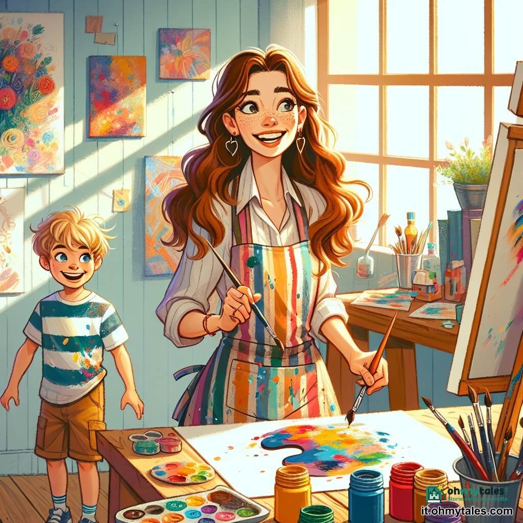 Una giovane artista, Sofia, è al centro della scena, una donna di circa 25 anni, con lunghi capelli castani ondulati e occhi pieni di creatività. Indossa un grembiule colorato, macchiato di vernice, e sorride felicemente mentre tiene un pennello nella mano destra, mescolando colori vivaci sulla sua tavolozza. Accanto a lei, un ragazzino di 7 anni, suo fratello, con capelli biondi e occhi azzurri, osserva con meraviglia, le mani sui fianchi, affascinato dai colpi di pennello della sorella. Si trova in uno studio luminoso, con grandi finestre che lasciano entrare la luce del sole, illuminando le pareti coperte di quadri colorati. Barattoli di vernice di tutti i colori sono sparsi su un tavolo di legno, e pennelli di diverse dimensioni sono piantati in un vaso di terracotta. Sofia sta dipingendo un quadro che rappresenta un paesaggio primaverile, con fiori vivaci e alberi in fiore, mentre suo fratello ammira il suo lavoro, gli occhi brillanti di ammirazione. L'atmosfera è gioiosa e creativa, piena di colori vivaci e risate di bambini.