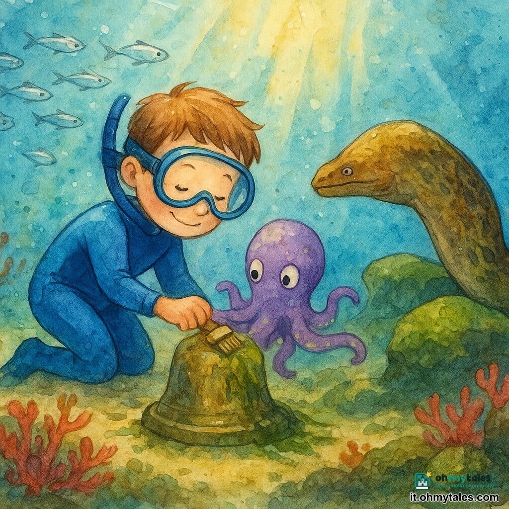 Un bambino di 6 anni, Leo, sorridente ma concentrato, in una muta blu e una grande maschera rotonda, è accovacciato sott'acqua a spazzolare con cura una campana di bronzo coperta di alghe; un polpo viola di nome Otto, con tentacoli flessibili e motivi verde pallido sulla pelle, tende un tentacolo per aiutare; una murena lunga e lucente, dalle scaglie brune e gialle, appoggiata su una roccia, spinge via un’alga; un banco di piccoli pesci argentati gira intorno creando riflessi scintillanti; sul fondale un giardino di coralli rossi e rosa e rocce con muschio verde, attraversati da raggi di sole; la scena è un tranquillo momento di riparazione, collaborativo e luminoso.