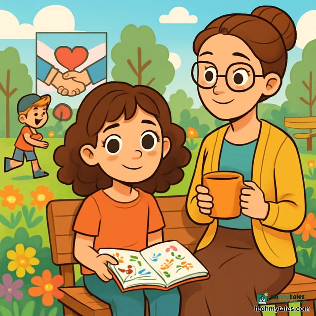 Una ragazza di 10 anni, Lina, con capelli castani e ricci, grandi occhi curiosi e un sorriso timido, è seduta su una panchina di legno in un giardino comunitario. Tiene un quaderno aperto sulle ginocchia, con pagine piene di disegni colorati e parole. La sua espressione è sia pensierosa che gioiosa, come se avesse appena scoperto qualcosa di importante. Accanto a lei, l'insegnante gentile, Madame Amina, una donna di circa quarant'anni con occhiali rotondi e un chignon ordinato, sorride guardando Lina, tenendo una tazza di tè in mano. Un gruppo di bambini, tra cui un ragazzo di 9 anni con capelli biondi e un cappellino, gioca a pochi passi, ridendo e scambiandosi una palla colorata. Il giardino è pieno di fiori brillanti, panchine di legno e piccoli alberi, con un cielo blu chiaro punteggiato di nuvole bianche e soffici. Sullo sfondo, si intravede un grande cartellone con disegni di accordi e sorrisi, simboleggiando unità e speranza. La scena mostra Lina mentre scrive nel suo quaderno, circondata dai suoi amici e dalla sua insegnante, illustrando un momento di condivisione e solidarietà, dove i bambini si uniscono per creare un mondo migliore nonostante le sfide.