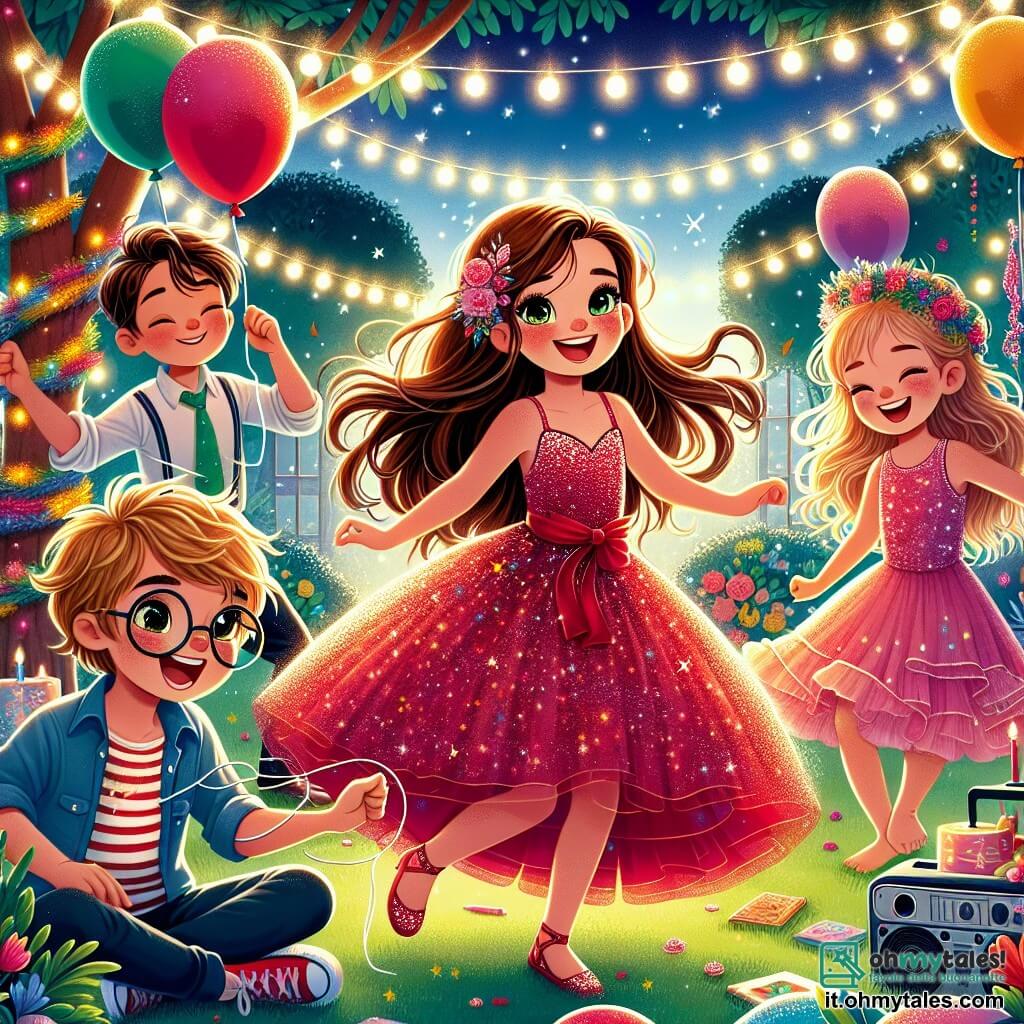 In un giardino illuminato, quattro bambini si riuniscono per festeggiare il Capodanno. Sofia, una ragazza di 8 anni con lunghi capelli castani e occhi brillanti, danza felice al centro, indossando un vestito rosso con paillettes che brillano sotto le luci. Tommaso, un ragazzo di 9 anni con i capelli biondi arruffati e un grande sorriso, appende palloncini colorati a un albero, in piedi a sinistra di Sofia. Marco, un ragazzo di 7 anni con occhiali rotondi e capelli castani, è seduto sull'erba a destra, mentre suona musica con un piccolo altoparlante. Carla, una ragazza di 6 anni in un bel vestito rosa, è vicino a Marco, danzando e ridendo, con una piccola corona di fiori in testa. Il giardino è decorato con ghirlande luminose e palloncini multicolori, creando un'atmosfera festosa e calorosa. Sopra di loro, una stella brillante scintilla nel cielo notturno, illuminando la scena con una luce magica. I bambini, tutti insieme, si preparano a esprimere un desiderio a mezzanotte, con gli occhi fissi sulla splendida stella che brilla sopra di loro, pieni di eccitazione e speranza per il nuovo anno che verrà.