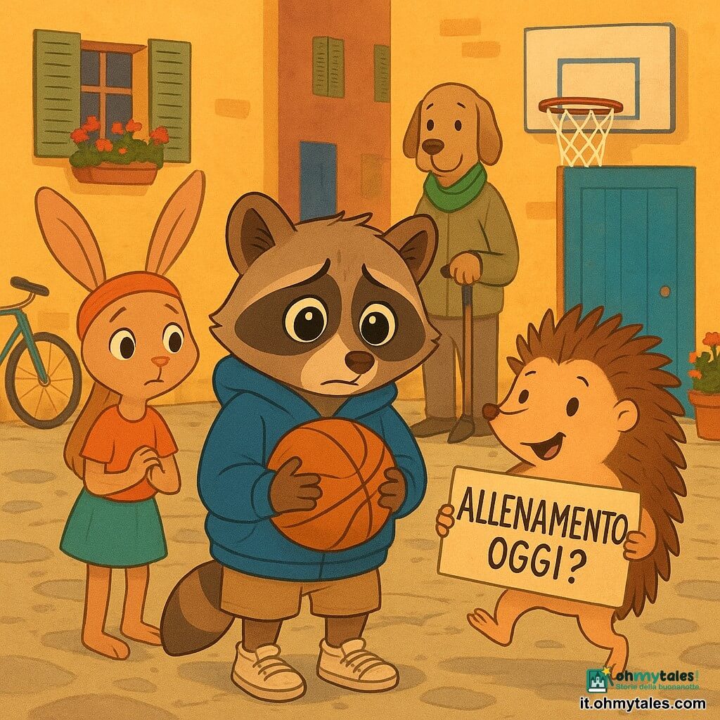 Milo, giovane procione antropomorfo dal volto espressivo e occhi rotondi lucenti, appare vergognoso ma sollevato; stringe una palla da basket consumata al petto, postura leggermente curvata, indossa una grande felpa con cappuccio blu troppo larga, pantaloncini e sneakers sporche. A sinistra Nora, una giovane lepre slanciata con fascia rossa, sguardo tra sorpresa e tenerezza, braccia raccolte, vicino alla fontana del cortile in posizione di sostegno. A destra Tito, un riccio tondo e sorridente con punte morbide, tiene un cartello fatto a mano ALLENAMENTO OGGI? e salta di gioia, espressione incoraggiante. Sullo sfondo Leo, un vecchio cane calmo con sciarpa verde, accanto al tabellone condominiale con una pompa da bici, volto benevolo. Luogo: piccolo cortile urbano italiano colorato, muri ocra, persiane in legno, biciclette appoggiate, gerani rossi, pavé con qualche macchia di umidità e canestro fissato a un garage dipinto di blu sbiadito. Situazione: Milo confessa dopo il torneo — momento di riconciliazione — atmosfera dolce e luminosa, palette calda e pastello, composizione centrata su Milo con gli amici a semicerchio protettivo, stile vettoriale netto, contorni puliti, texture piatte, luce dorata del crepuscolo.