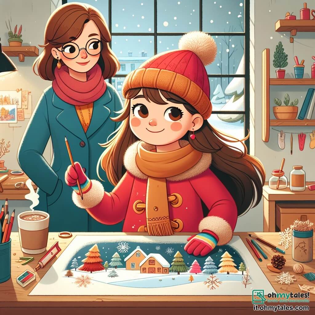 Una ragazza di 9 anni, Sofia, con lunghi capelli castani e guance rosa, sorride felicemente mentre tiene un grande pezzo di carta su cui ha disegnato un paesaggio invernale. Indossa un vivace cappotto rosso, un berretto di lana e guanti colorati, ed è al centro della scena, circondata da materiali naturali che ha raccolto. Accanto a lei, sua madre, una donna di circa 35 anni con capelli castani e occhiali, la osserva con orgoglio, tenendo una tazza di cioccolata calda tra le mani. Indossa un cappotto blu e si trova leggermente indietro, ammirando il lavoro della figlia. Il luogo è un accogliente atelier d'arte, con pareti dipinte di giallo chiaro, una grande finestra che lascia entrare la luce del giorno e forniture artistiche sparse su un tavolo di legno. All'esterno, si intravede un paesaggio innevato attraverso il vetro, con fiocchi di neve che cadono dolcemente. Sofia sta presentando il suo progetto artistico sull'inverno, circondata dai suoi materiali, pronta a condividere la sua passione e creatività con la madre, che la incoraggia con un sorriso benevolo.