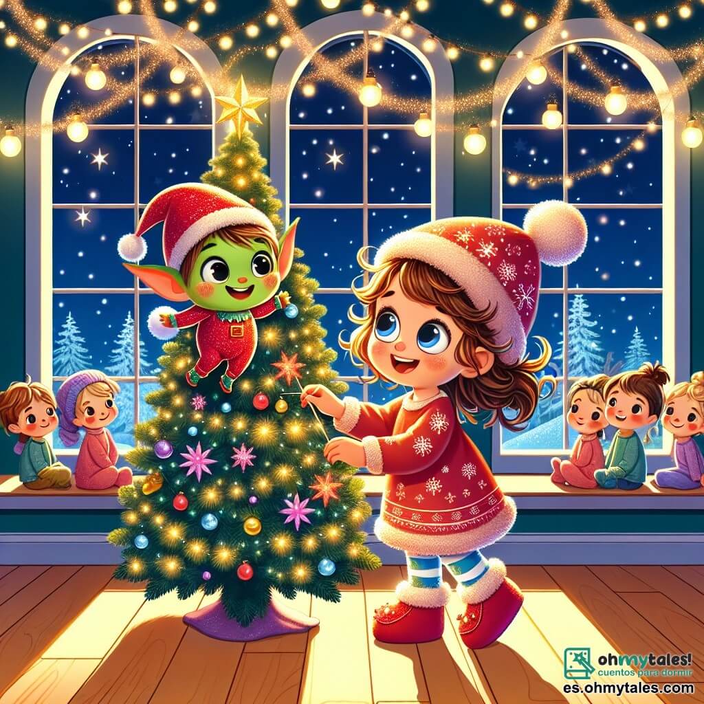Una niña de 1 año, con grandes ojos brillantes y cabello rizado castaño, sonríe maravillada al ver un árbol de Navidad decorado. Lleva un bonito vestido rojo con copos de nieve y zapatitos de peluche. A su lado, un duendecillo alegre, pequeño con piel verde y orejas puntiagudas, baila alrededor del árbol agitando estrellas brillantes. Tiene una gran sonrisa y lleva un sombrero rojo con un pompón blanco. El decorado se sitúa en un cálido orfanato, con grandes ventanas que dejan entrar la luz de la luna y guirnaldas luminosas en las paredes. La habitación está llena de juguetes coloridos y un gran árbol de Navidad iluminado, rodeado de nieve que cae suavemente afuera. La escena principal muestra a la niña y al duendecillo decorando juntos el árbol de Navidad, llenando el aire de alegría y magia, mientras niños asombrados los observan, con sus rostros iluminados por la luz de las decoraciones.