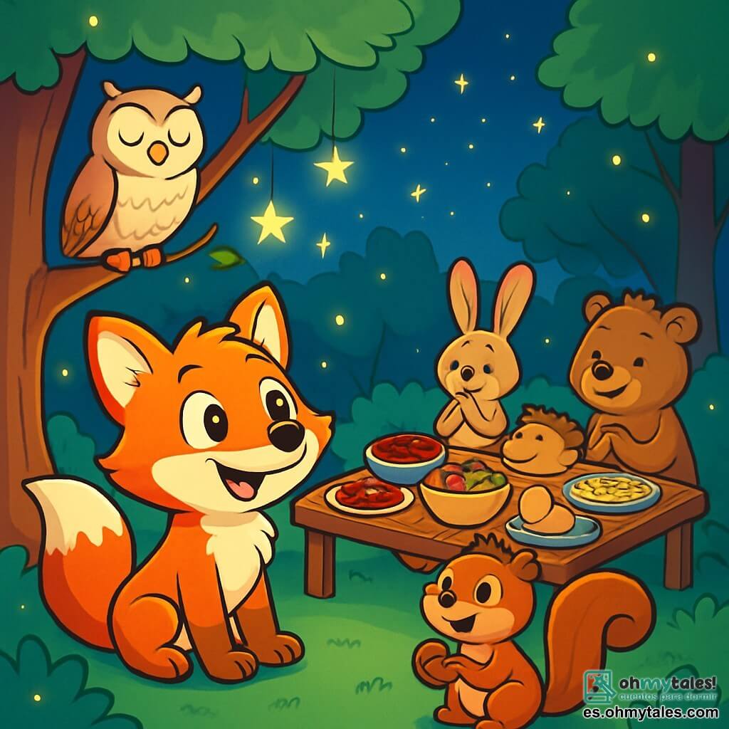 Un joven zorro de ojos brillantes y pelaje rojizo llamado Rafi está sentado bajo un árbol iluminado por estrellas centelleantes, con una sonrisa maravillada en su rostro. Observa con curiosidad a un grupo de animales reunidos alrededor de una mesa de madera, llena de platos coloridos y apetitosos para el iftar. A su lado, una sabia lechuza de plumas suaves y blancas llamada Laila observa la escena con una mirada benevolente y una ligera sonrisa, posada en una rama. Un pequeño ardilla marrón, Sami, está sentado en el suelo, con los ojos muy abiertos, sosteniendo una nuez en sus patas, mientras mira a Rafi con admiración. El lugar es un claro mágico en un bosque encantado, donde majestuosos árboles de hojas verdes vibrantes rodean la escena, y luciérnagas bailan en el aire crepuscular, añadiendo un toque de magia. La situación principal muestra a Rafi descubriendo la belleza del Ramadán, rodeado de sus amigos, listos para compartir un momento de alegría y generosidad.