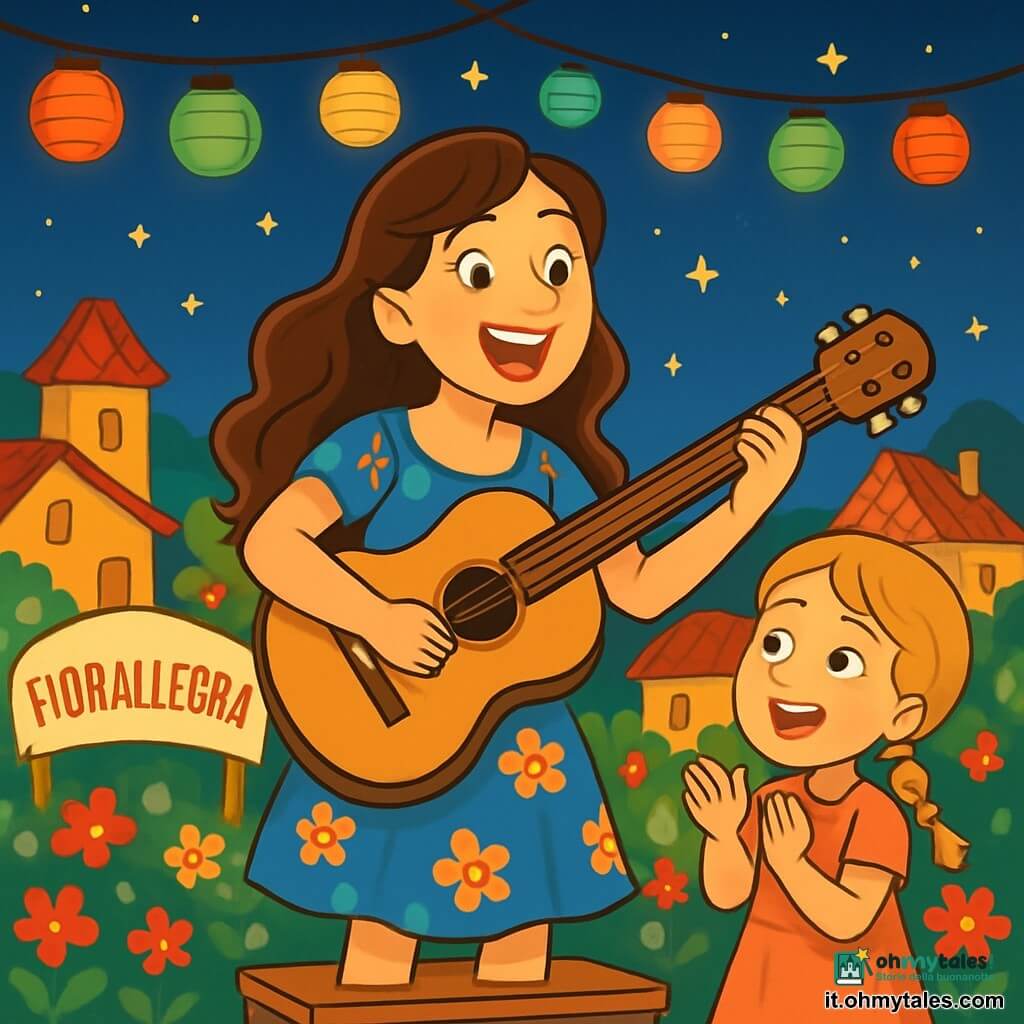 Una donna di nome Laura, sulla trentina, con lunghi capelli castani ondulati e un sorriso radioso, si trova su un piccolo podio di legno. Indossa un vestito blu a fiori e tiene una chitarra, cantando con passione, gli occhi brillanti di gioia ed eccitazione. Accanto a lei, sua nipote Sofia, una bambina di 8 anni con capelli biondi in trecce e un vestito rosa, applaude con entusiasmo, gli occhi scintillanti di ammirazione. Sullo sfondo, il villaggio di Fiorallegra è illuminato da lanterne colorate, con case dai tetti rossi e giardini fioriti, creando un'atmosfera festosa. La scena mostra Laura mentre canta davanti a un pubblico gioioso, mentre stelle scintillanti illuminano il cielo notturno, aggiungendo un tocco magico a questo momento di condivisione musicale.