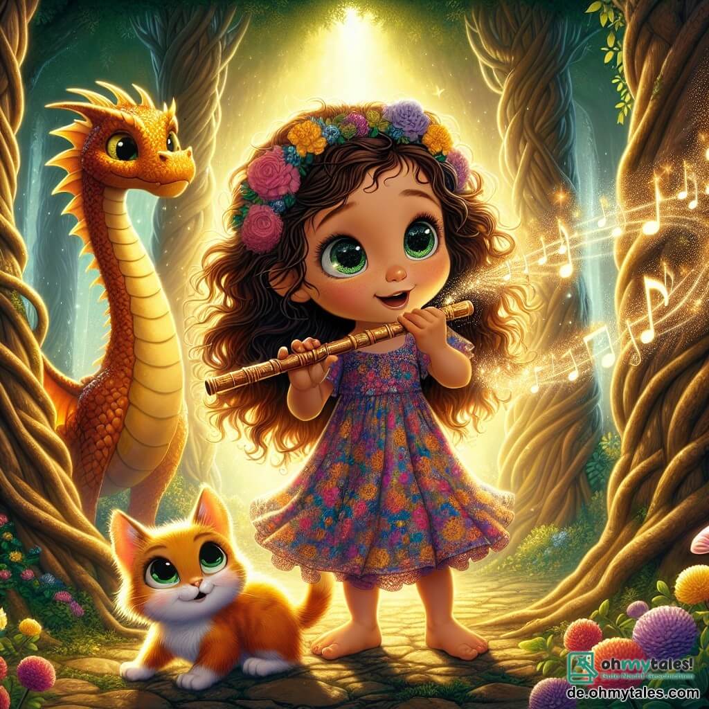 Ein kleines Mädchen von 3 Jahren namens Lila steht im Mittelpunkt des Bildes, mit großen, glänzenden Augen und schokoladenbraunen Locken. Sie trägt ein buntes Kleid mit Blumen und lächelt erstaunt, während sie eine schimmernde Holzflöte hält. Neben ihr schmiegt sich eine kleine orangefarbene Katze namens Felix mit funkelnden grünen Augen an ihr Bein und schaut neugierig auf die Flöte. Im Hintergrund steht ein großer Drache mit schimmernden Schuppen und warmen, leuchtenden Augen, leicht geneigt und von der Musik fasziniert. Die Szenerie ist ein verzauberter Wald mit hohen, knorrigen Bäumen und leuchtend grünen Blättern, während bunte Blumen um sie tanzen und im goldenen Sonnenlicht erstrahlen, das durch die Äste filtert. Lila spielt auf der Flöte und erzeugt eine magische Melodie, die die Szene erhellt, während der Drache und Felix bewundernd zuhören, umgeben von Lichtstrahlen und schwebenden Musiknoten.