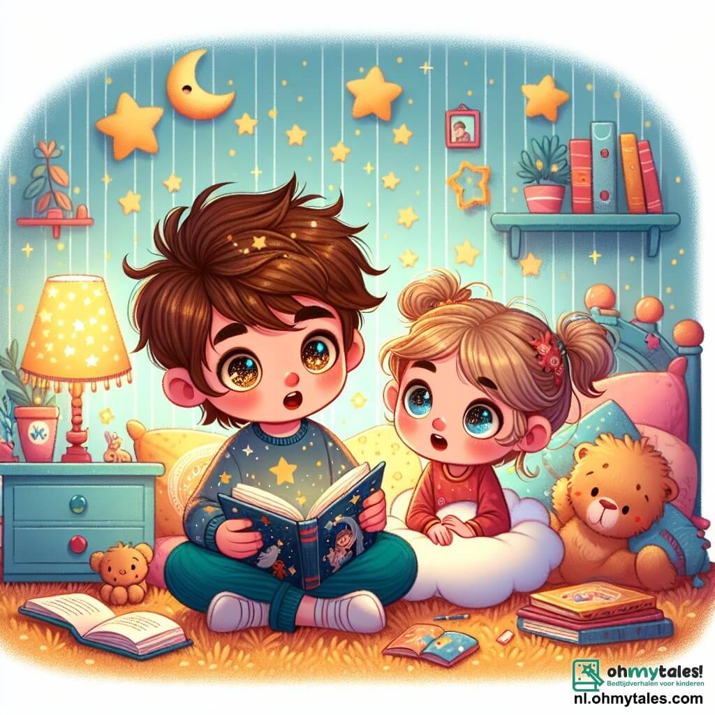 Een 10-jarige jongen, Lucas, met rommelig bruin haar en nieuwsgierige ogen, zit op zijn bed. Hij heeft een bezorgde maar vastberaden uitdrukking en houdt een open boek op zijn schoot. Naast hem kijkt zijn 6-jarige zusje Emma, met blond haar in staartjes, gefascineerd naar het boek. Ze is tegen een wolkvormig kussen gekropen, met een onschuldige glimlach op haar gezicht. De kamer is warm, met pastelblauwe muren, gouden sterren aan het plafond en een zachte licht van een stervormige lamp die de ruimte verlicht. Pluche speelgoed ligt verspreid op het zachte tapijt en boeken staan op een kleurrijke plank. Lucas en Emma zijn verdiept in het verhaal van een dappere jongen die zijn angst voor het donker overwint. Lucas voelt zich geïnspireerd en zelfverzekerder, terwijl Emma hem aanmoedigt met opgewonden ogen.