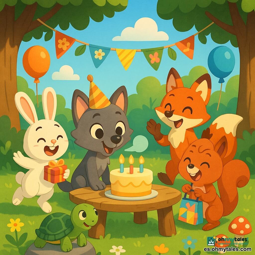Un pequeño lobo pardo grisáceo de ojos redondos y brillantes, sonriente y emocionado con un gorro de fiesta a rayas, está en sus patas delanteras frente a un pastel pastel con velas encendidas soplando una nube de vapor; a su derecha la ardilla Sofía, de pelaje rojizo y ojos chispeantes, ríe sujetando una bolsita de regalo colorida; a la izquierda el conejo Ramón, blanco y regordete, orejas largas, salta feliz con una cajita de regalo; en primer plano la tortuga Tita, con caparazón verde decorado, tranquila y sonriente sobre una piedra junto a la mesa; un poco más atrás el zorro Tomás, de pelaje rojo vivo, aplaude pícaro con una pata levantada; todo en una clara del bosque soleada con hierba y flores silvestres, guirnaldas entre árboles, globos y setas decorativas alrededor de una mesa de madera rústica, celebrando una fiesta de cumpleaños alegre y colorida con pastel cremoso, bolsas sorpresa multicolores, confeti en el aire y rayos de sol filtrándose entre las hojas.