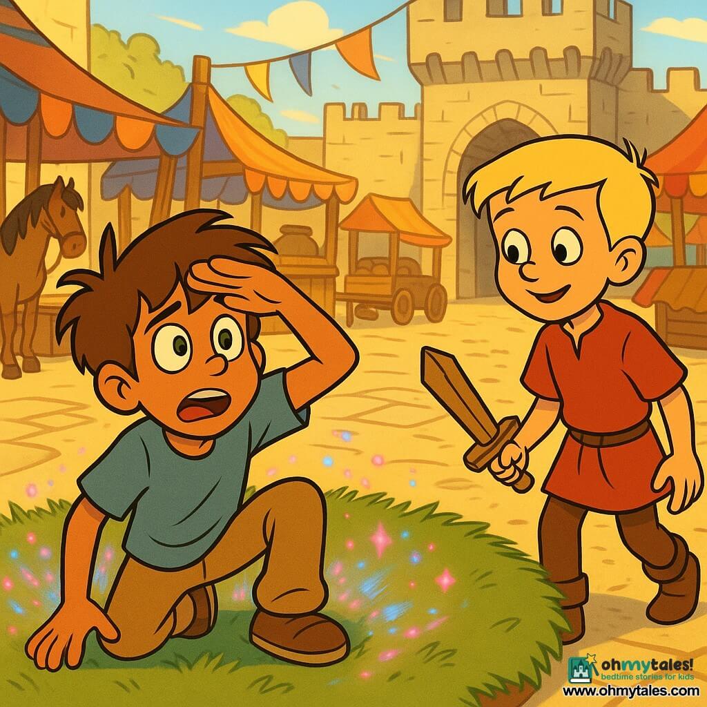 A 10-year-old modern boy, surprised and amazed, with messy brown hair, large green eyes, a dust-stained blue T-shirt and khaki pants is sitting on the grass rising with one hand on his knee and the other shielding his eyes from the sun; about two steps to his right a gentle smiling 10-year-old boy with short blond hair in a red medieval tunic approaches curiously holding a wooden sword; in the background a sunny medieval market with uneven cobbles, colorful wooden stalls, banners, carts, horses and a large stone castle gate; pink and blue sparks disperse around a small circle of grass where the modern boy landed, contrasting with the market's golden light; bright warm color palette, clean cartoon lines, soft shadows, exaggerated expressions and dynamic poses to emphasize wonder and curiosity