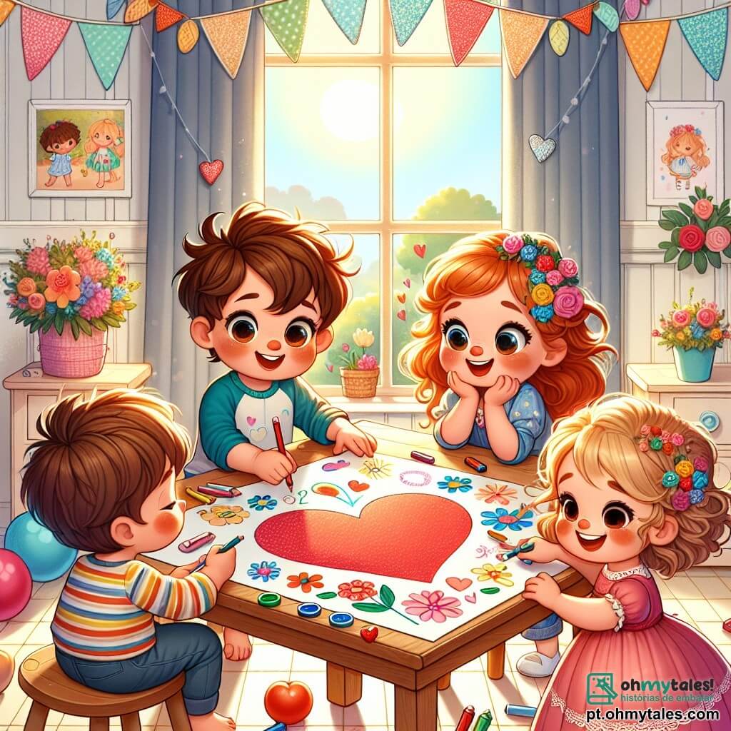Em uma sala iluminada e colorida, quatro crianças estão reunidas em torno de uma grande mesa de madeira. Lucas, um menino de três anos com cabelos castanhos bagunçados e olhos brilhantes, está sentado em uma cadeira, segurando um grande papel colorido onde desenha um coração vermelho. Pedro, um menino de três anos com cabelos loiros e bochechas rosas, se inclina para frente, adicionando flores coloridas com lápis de cor. Ana, uma menina de três anos com cabelos cacheados e um vestido rosa, sorri segurando adesivos brilhantes que está prestes a colar no desenho. João, um menino de três anos com óculos e cabelos castanhos, está em pé ao lado da mesa, admirando o desenho. A sala é decorada com balões coloridos e guirlandas de papel, e uma luz suave entra pela janela, criando uma atmosfera alegre. As crianças estão criando um lindo presente surpresa para o Dia das Mães, cheias de amor e risadas, enquanto escondem o desenho atrás do sofá para que a mamãe não veja antes do momento da surpresa.