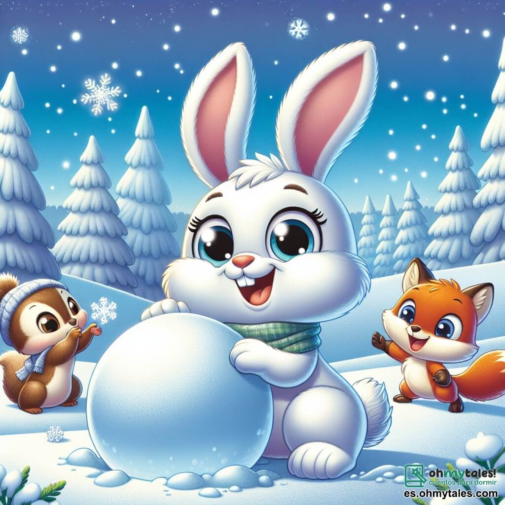 Un pequeño conejo de grandes orejas, con pelaje blanco y suave, y ojos brillantes de alegría, está rodando una gran bola de nieve en una colina nevada, mostrando una amplia sonrisa en su cara. Cerca, una pequeña ardilla de pelaje marrón, con una cola esponjosa, salta de alegría sosteniendo un pequeño copo de nieve en sus patas, mientras que un zorro de pelaje rojizo, con una expresión traviesa, observa riendo, listo para participar en la construcción de un gran muñeco de nieve. El paisaje es un hermoso decorado invernal, con árboles cubiertos de nieve brillante, un cielo azul claro y copos de nieve cayendo suavemente. La escena muestra la emoción y la amistad de los personajes mientras se preparan para crear un muñeco de nieve juntos, llenos de alegría y entusiasmo.