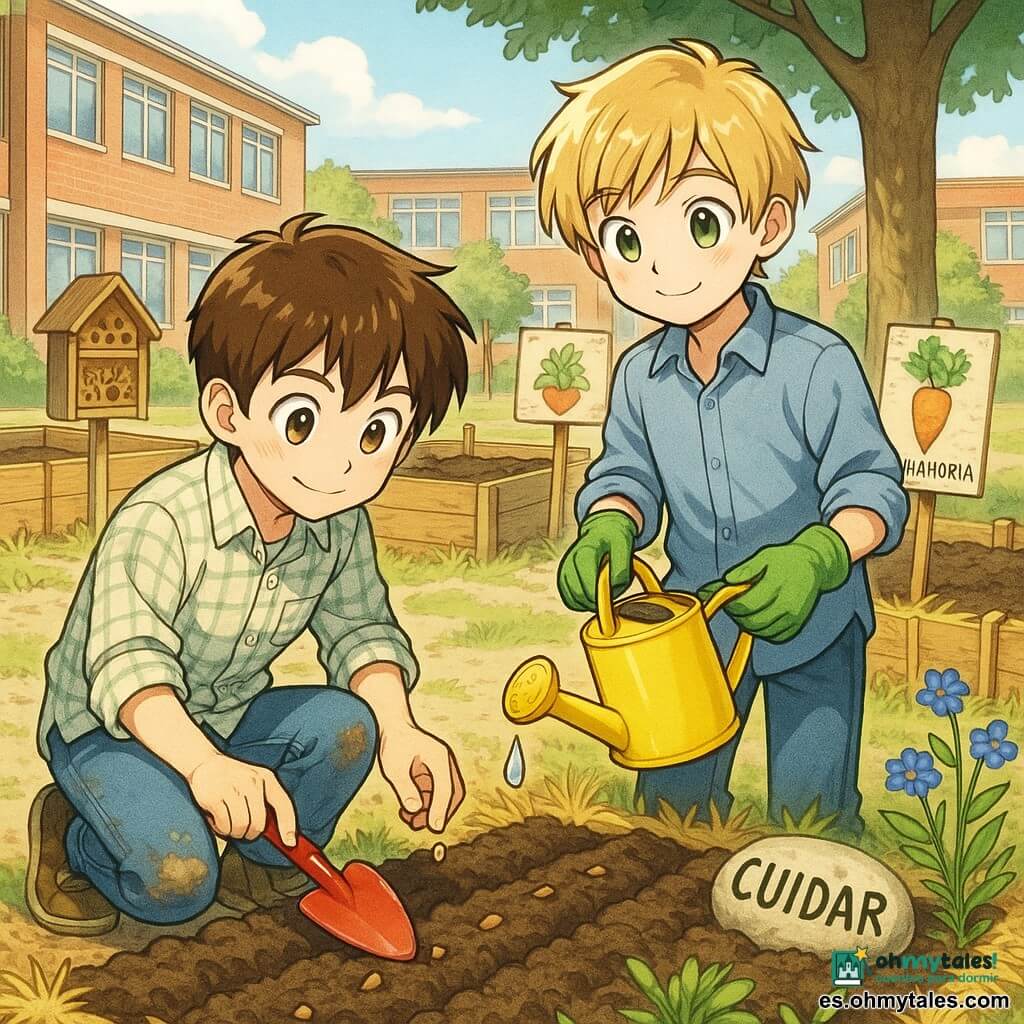 Dos niños de 10 años: Martín, pelo castaño corto, ojos avellana, rodillas manchadas de tierra, camisa de cuadros clara, agachado a la izquierda plantando una semilla con una palita roja; y Lucas, pelo rubio en mechones, ojos verdes, sonrisa tranquila, mangas remangadas y guantes verdes, de pie a la derecha regando la misma fila con una pequeña regadera amarilla; lugar: un rincón del patio escolar convertido en huerto con cajas de madera claras, tierra negra y húmeda, paja en los bordes, carteles pintados a mano, una casa para insectos de madera y un tilo que proyecta sombra, fondo de edificios escolares de ladrillo rojo y cielo azul pálido con nubes esponjosas; situación: primavera, plantan juntos con gestos atentos, gotas de agua brillan al sol, semillas en hileras ordenadas, una piedra pintada con "CUIDAR" y algunas flores silvestres azules, ambiente luminoso y colores frescos.