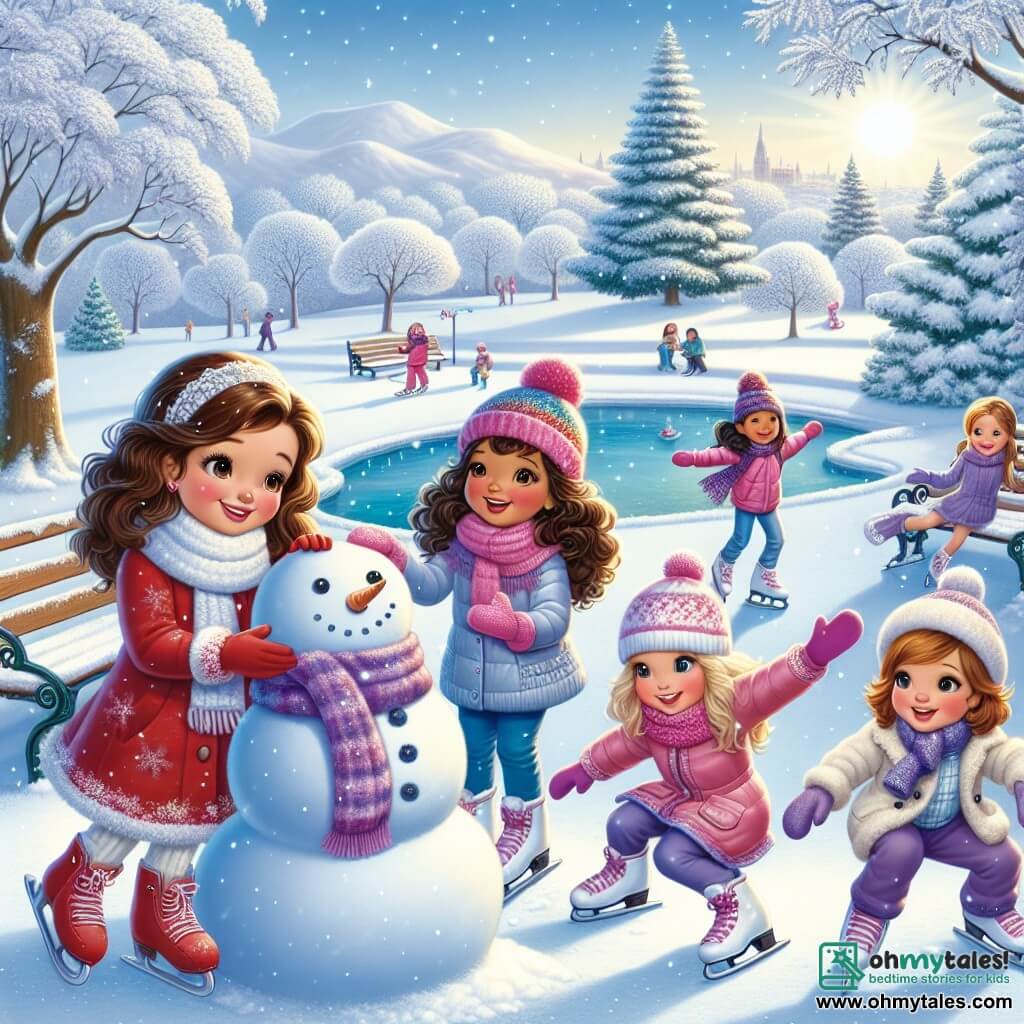 Four joyful girls, around 10 years old, are gathered in a snowy park. Ellie, with her brown hair and bright red scarf, is building a snowman on the right. Sophie, with curly hair and wearing a pink snowsuit, is sliding down a hill on a sled. Mia, in ice skates and a blue coat, is practicing her skating gracefully near a frozen pond in the center. Lastly, Lucy, with blonde hair and purple gloves, is laughing while making a snow angel on the left, surrounded by sparkling snowflakes. The park is a winter wonderland, with majestic snow-covered trees, frost-covered benches, and a clear blue sky dotted with fluffy clouds. Soft hills stretch across the horizon as the sun shines, illuminating the scene with golden light. The girls are having fun together, creating unforgettable memories while playing in the snow, sharing laughter and adventures, embodying the magic of winter and friendship.
