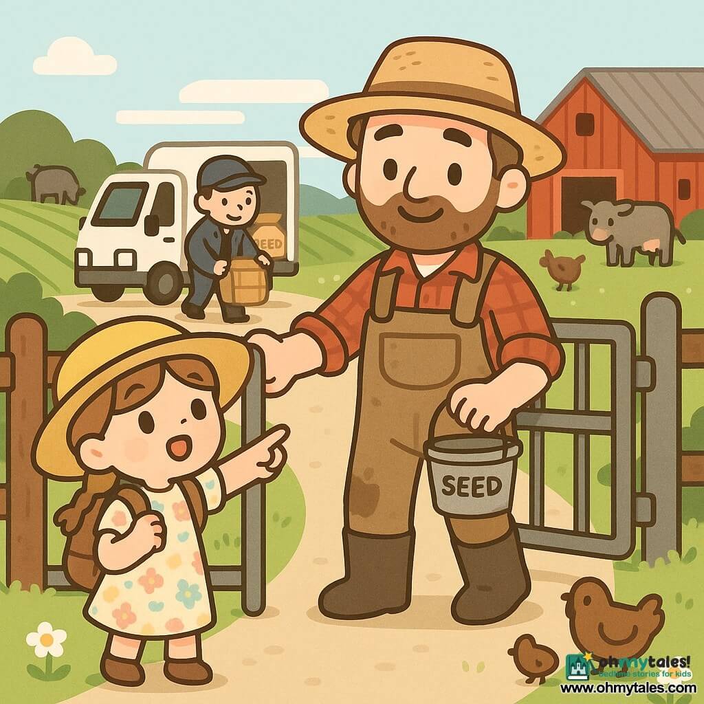 A smiling, serene farmer (30–40) in a red plaid flannel shirt, dirt-stained denim overalls, brown rubber boots and a worn straw hat holds a small bucket of seeds and gently opens a large metal farm gate; an amazed, curious 8-year-old girl with light brown hair in two braids, an oversized yellow hat, a pastel floral dress and a backpack stands to his left pointing toward the fields and animals; a focused but friendly delivery driver (about 40) in a navy jacket steps down from a small white delivery truck parked behind the gate, setting seed bags and crates on the ground; sunny morning farm setting with a beige dirt path edged in white daisies, a red tin-roofed barn, neat green crop rows stretching to bluish hills, a few brown hens pecking near the gate and a gray cow in the background; warm, soft light, high contrast, composition centered on the gate-opening gesture.