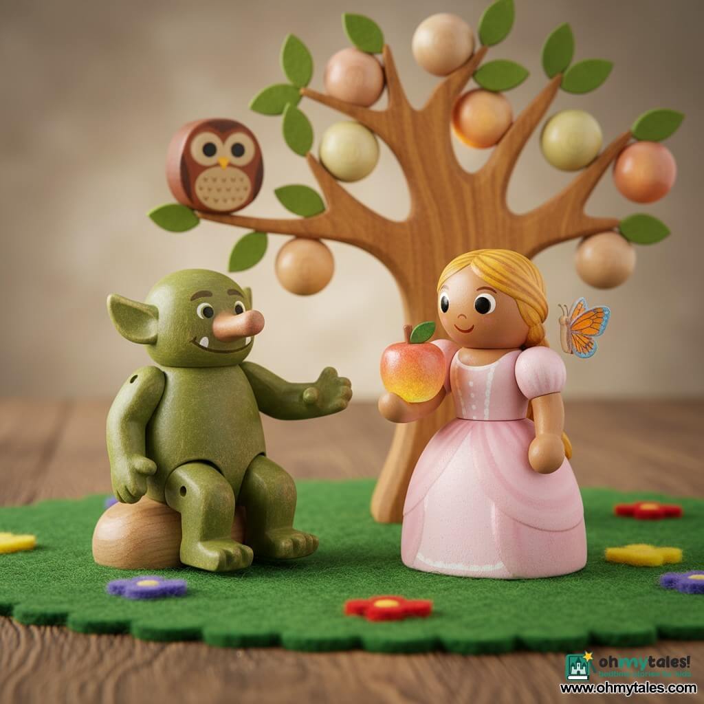 The princess (girl) is center, smiling with bright eyes, wearing a pale pink ruffled dress and braided blonde hair, delicately holding a colorful apple from the magic tree; a troll (boy, about 30 in appearance, tall and stocky) is left, green textured skin and a big smiling mouth, sitting on a wooden rock and reaching toward the princess; Bella the butterfly rests on the princess’s right shoulder with small iridescent orange-and-blue wings; Oliver the owl perches on a low branch, brown feathers and round eyes looking kindly at the princess; the setting is an enchanted clearing with felt green grass, glued colorful flowers, a large gnarled tree bearing glowing bead-like fruits, and soft golden light filtering through the leaves; the main scene shows the discovery of the treasure of friendship as the princess picks a glowing fruit while her friends surround her, warm joyful atmosphere, toy diorama composition with wood and felt textures, bright colors and crisp outlines.