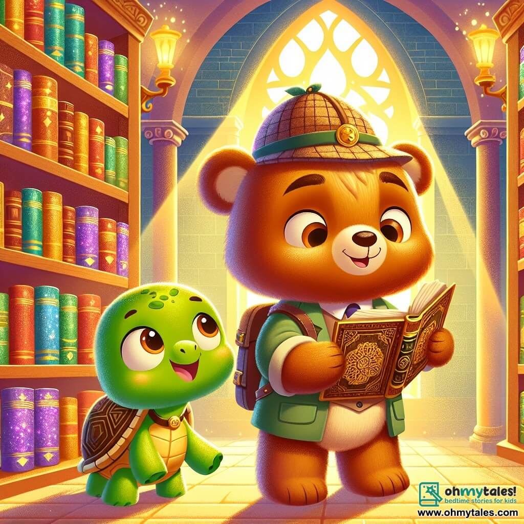Benny the Little Bear, a young brown bear with soft fur and a small detective hat, stands in front of an old library shelf, his eyes shining with excitement and curiosity. He holds an ancient book in his paws, ready to uncover a mystery. Next to him, Tilly the Turtle, a green turtle with a shiny shell and a warm smile, watches the book with wonder. She stands slightly back, her front paws on the ground, ready to assist her friend in this adventure. The scene takes place in a magical library filled with colorful books with sparkling covers, with beams of golden light filtering through large windows, illuminating dark corners and creating a warm, welcoming atmosphere. In this main situation, Benny and Tilly discover an ancient mysterious book on a dusty shelf, captivated by a treasure map that promises an exciting adventure through the library.