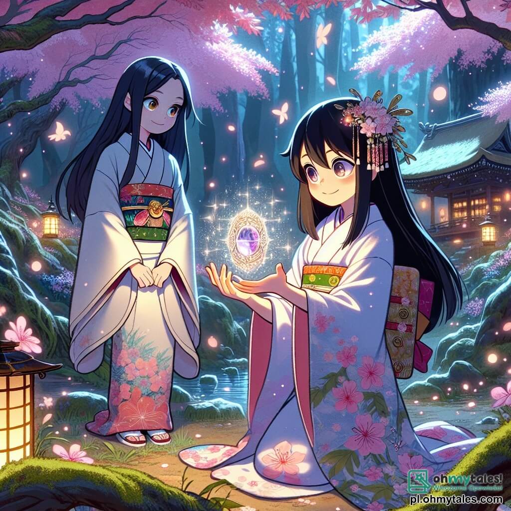 W centrum obrazu znajduje się Yuki, 10-letnia dziewczynka z długimi, lśniącymi czarnymi włosami, ubrana w tradycyjny kimono w kwiaty wiśni. Jej twarz wyraża ciekawość i zachwyt, gdy trzyma w dłoniach piękny, błyszczący amulet. Obok niej stoi Tsukiko, tajemnicza kobieta w wieku około trzydziestu lat, z oczami błyszczącymi jak gwiazdy i ciepłym uśmiechem. Nosi eleganckie kimono, które unosi się wokół niej jak lekka mgła, patrząc na Yuki z dumą. Tło to zaczarowana polana, otoczona majestatycznymi drzewami w kwiatach, których różowe płatki opadają delikatnie jak śnieg. W oddali widać stary kamienny świątynię pokrytą mchem, z oświetlonymi papierowymi latarniami, tworzącymi magiczną i spokojną atmosferę. Główna scena przedstawia Yuki i Tsukiko celebrujące odkrycie amuletu, symbolu odnalezionej magii lasu, podczas gdy kolorowe ptaki latają wokół nich, dodając życia i radości tej bajkowej scenerii.